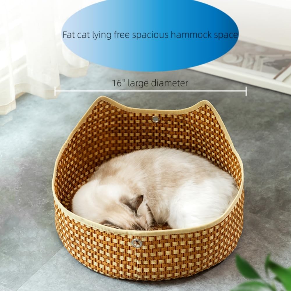 Premium Cat Hammock - Summer Cool & Comfortable Wicker Cat Cage, Hanging Cat Nest for Balcony, Sunbathing Cat Bed - Pet Supplies (Brown Cat Ear Design, Medium Size) | Perfect for Indoor/Outdoor Use, Lounging & Relaxation