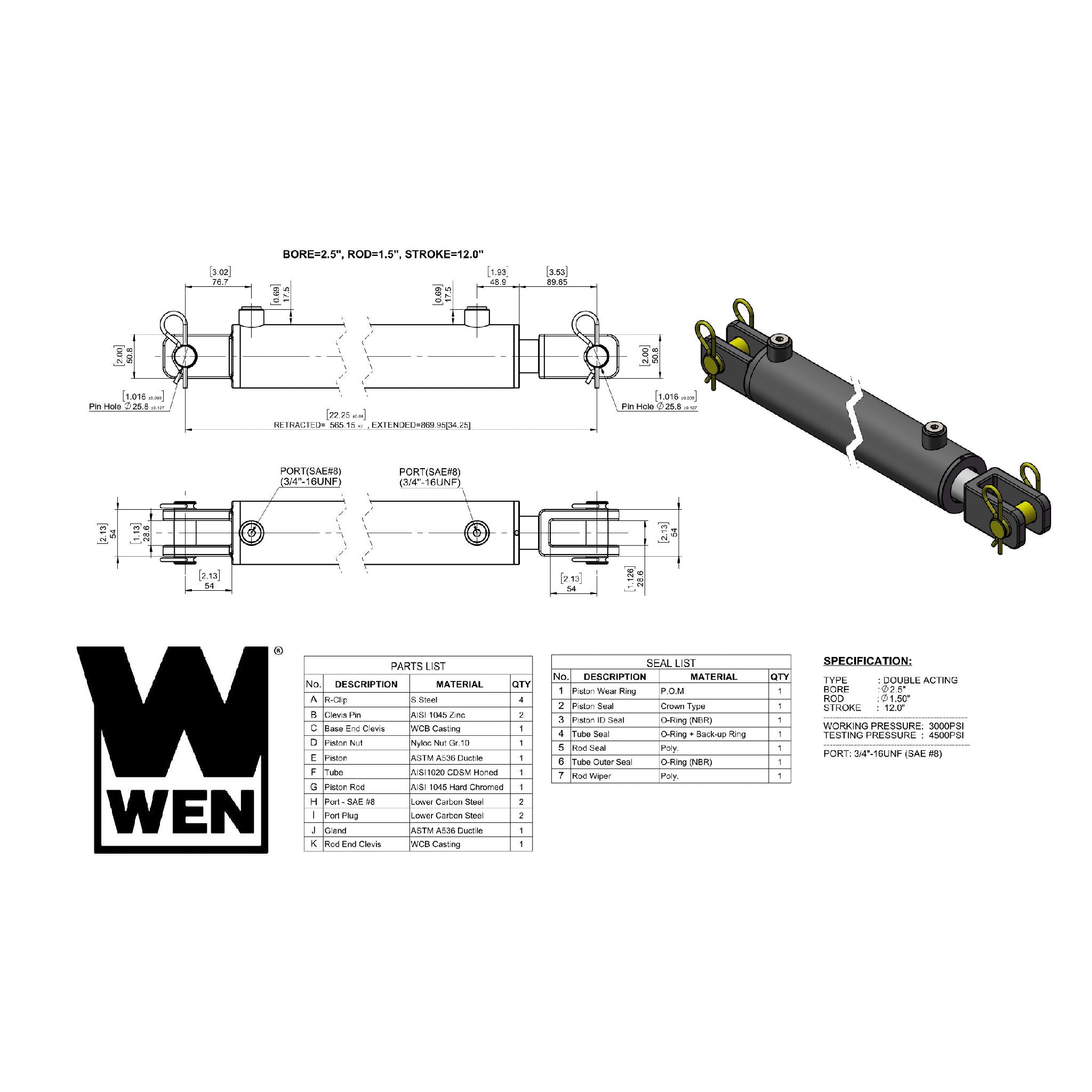 WEN CC2512 Clevis Hydraulic Cylinder - 2.5 Inch Bore, 12 Inch Stroke for Heavy-Duty Industrial, Construction, and Agricultural Equipment