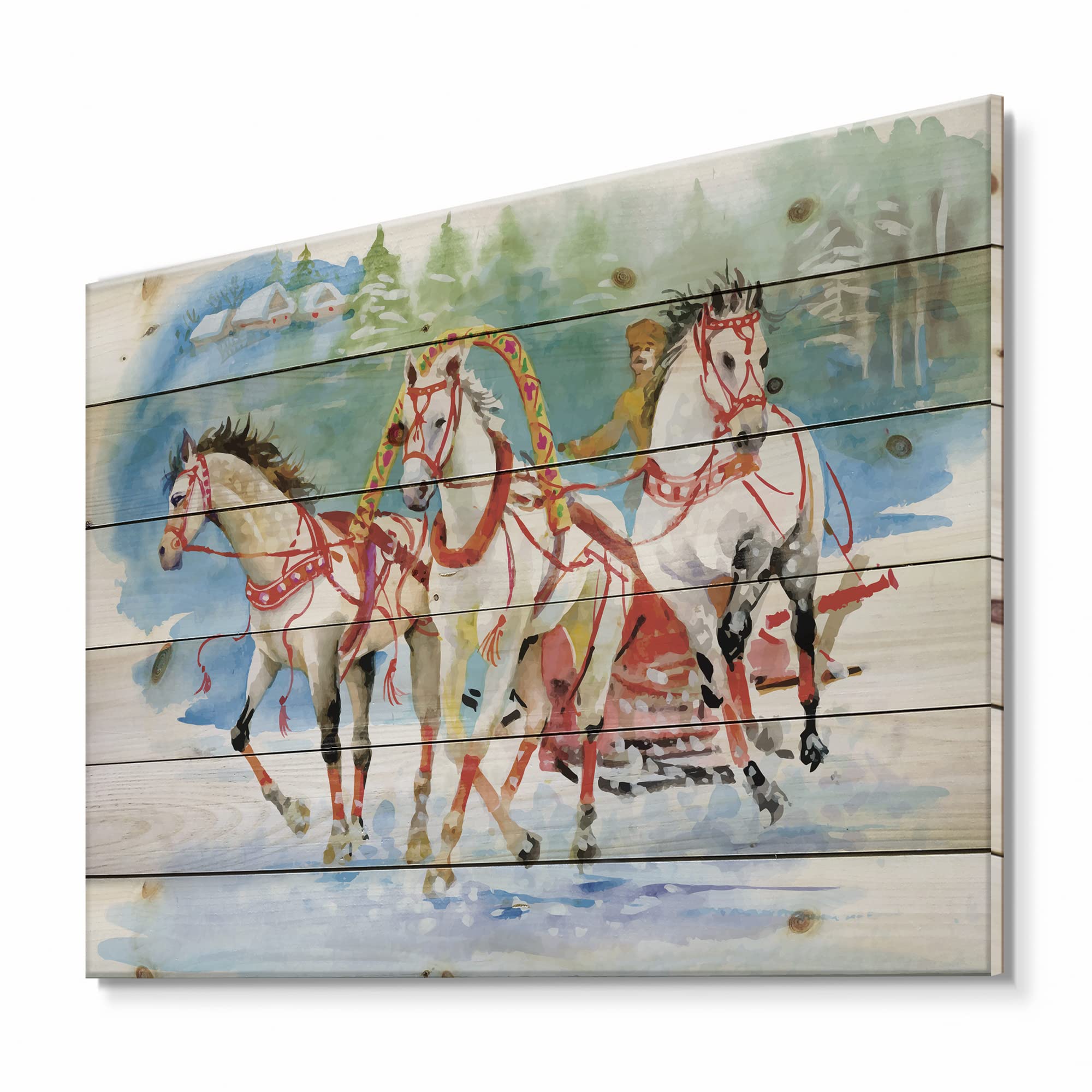 Farmhouse Wood Wall Decor - Galloping Horses with Carriage in Snow Scene, Red Wood Wall Art, Large Animal Wood Panels Printed on Natural Pine | Rustic Home Decor for Living Room, Bedroom, or Cabin