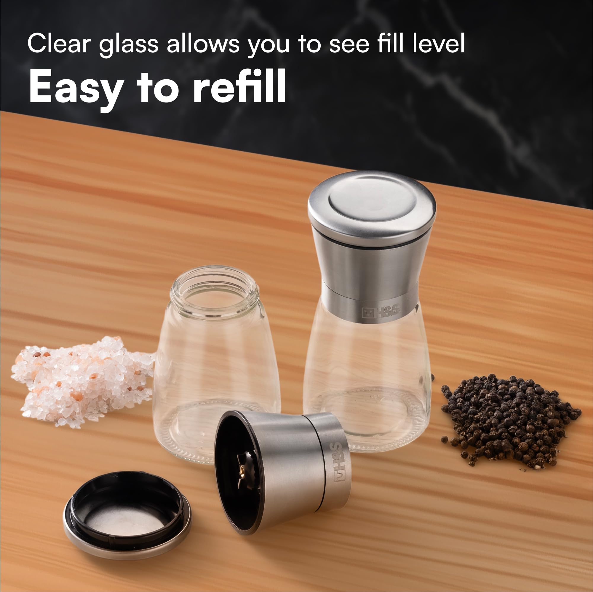 Premium H&S Salt and Pepper Grinder Set - Manual Adjustable Coarseness Mill for Kitchen - Glass & Stainless Steel Spice Shakers - Easy Fill Large Capacity - Perfect for Cooking, Dining & Gourmet Seasoning