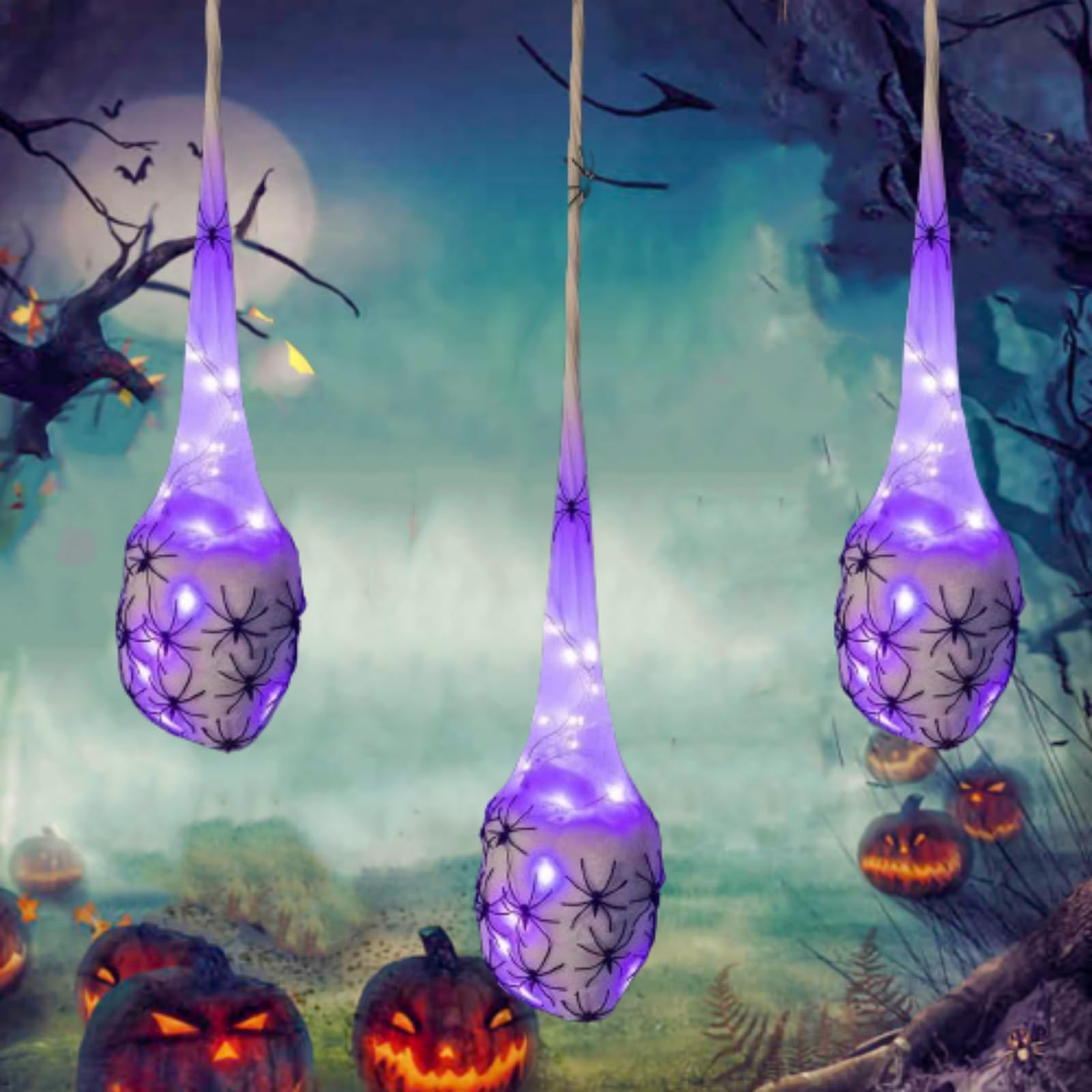 **Halloween LED Light-Up Spider Egg Sacs Decorations - 3PCS White Hanging Spider Egg Sacks with Lights for Spooky Party, Haunted House & Outdoor Decor**