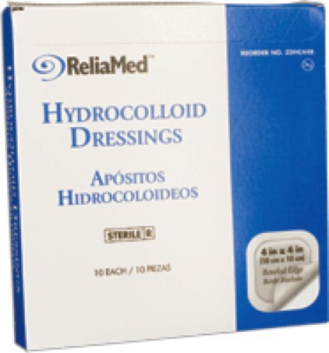 Latex-Free Hydrocolloid Wound Dressing 4x4 Inches - Sterile, Film Back, Beveled Edges - 10 Pack/Box - For Pressure Ulcers, Blisters & Post-Surgical Care