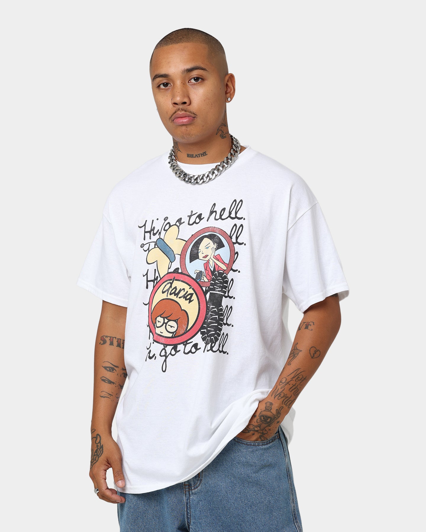 American Thrift X Daria Go To Hell Graphic T-Shirt - White Cotton Tee for Women | Casual Streetwear, Retro 90s Style, Funny Sarcastic Outfit for Parties & College