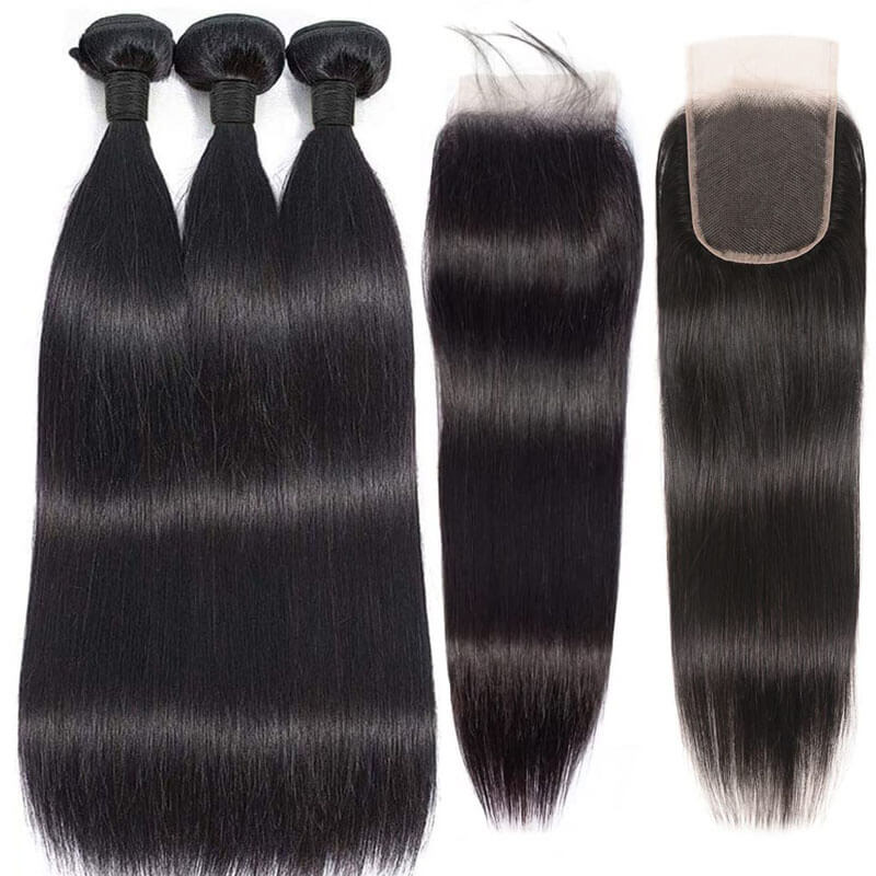 Eullair 100% Human Hair Bundles with Closure 3/4 PCS - 4x4 5x5 6x6 HD Lace Closure - Brazilian Straight Hair Extensions for Women - Perfect for Daily Wear, Parties & Special Occasions