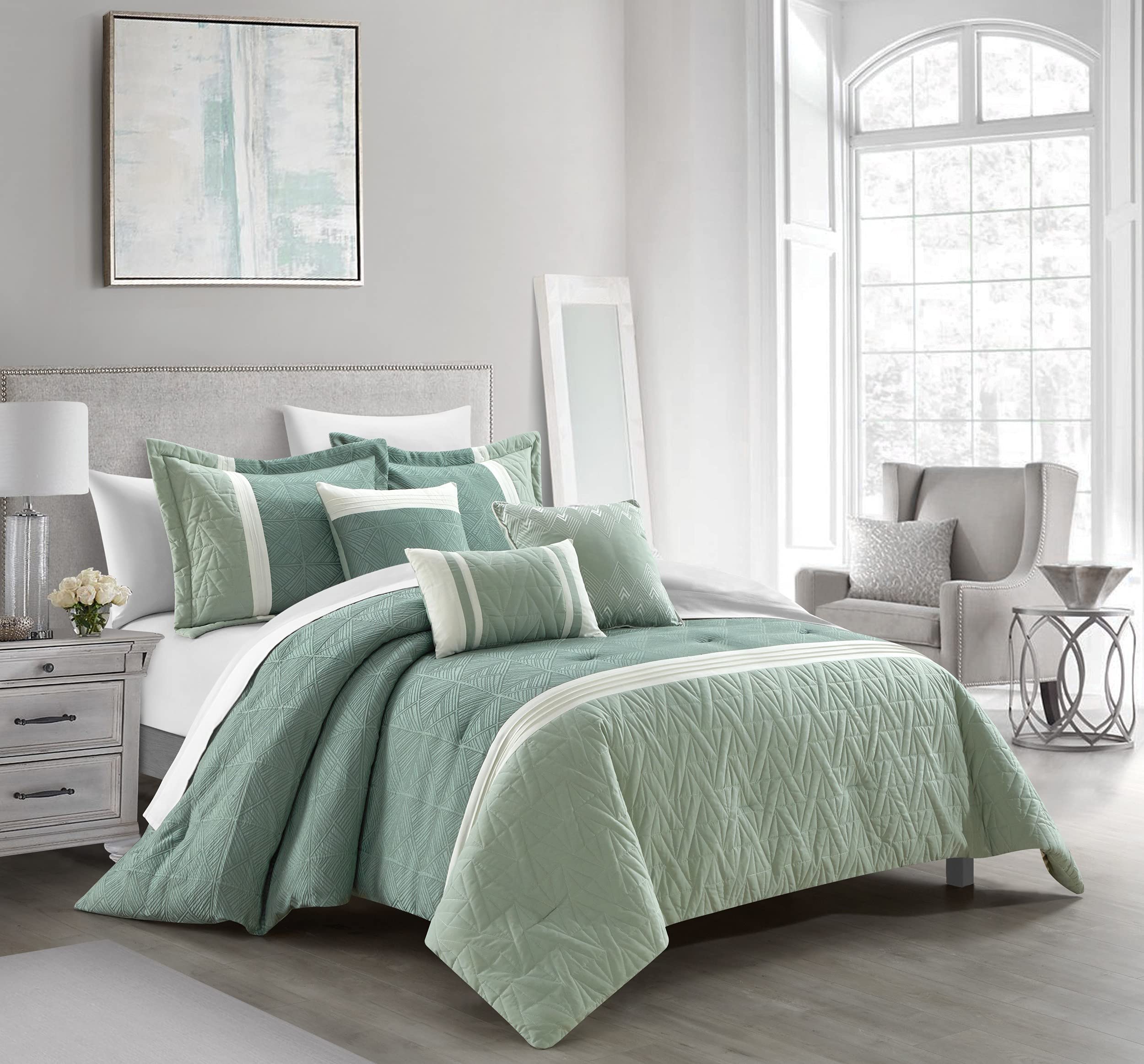 Chic Home Macie 6-Piece Queen Comforter Set - Jacquard Woven Geometric Design with Pleated Quilted Details, Includes Decorative Pillows & Shams, Green | Perfect for Modern Bedroom Decor & Guest Room Styling