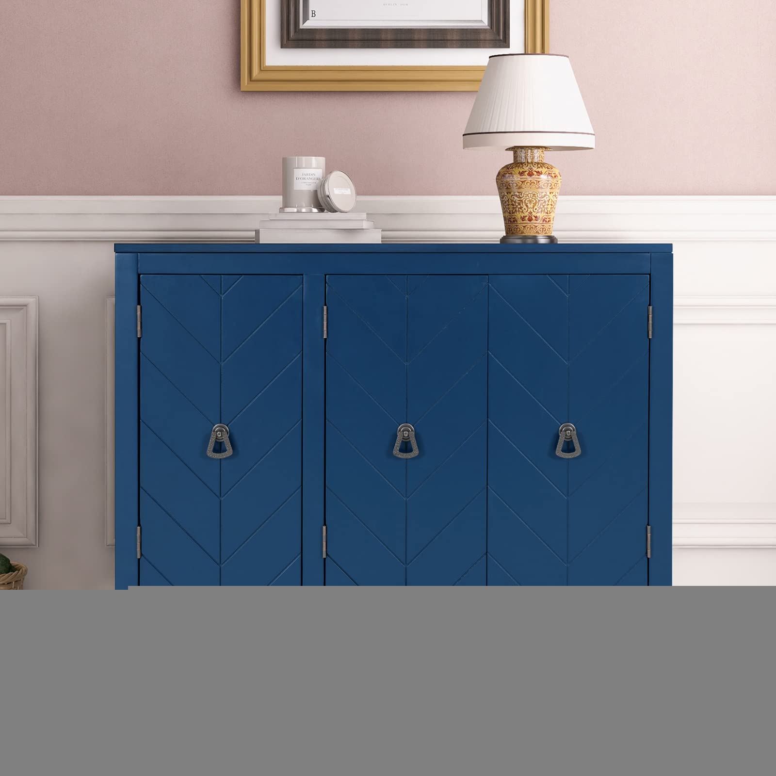 Antique Navy Blue Wooden Storage Sideboard Cabinet with Adjustable Shelf & 3 Doors - Buffet Server for Living Room, Entryway, Kitchen & Dining Room - Perfect for Home Organization & Entertaining Guests