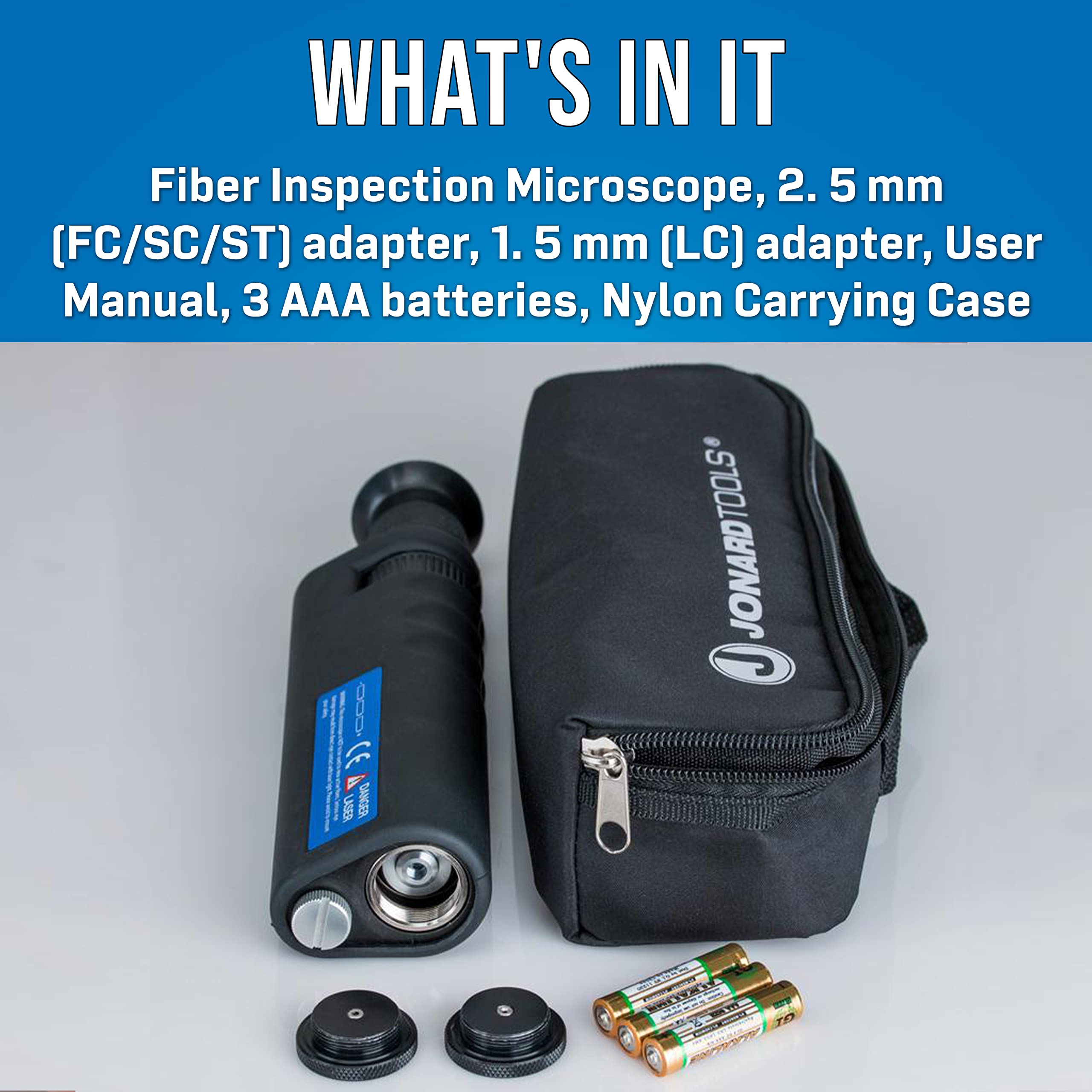 Jonard Tools FIM-200 200x Magnification Fiber Optic Inspection Microscope with FC/SC/ST/LC Adapters - Ideal for Network Testing, Cable Installation & Telecom Maintenance