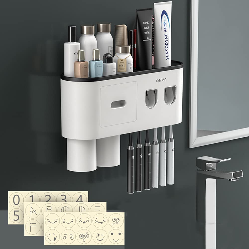 Multifunctional Wall-Mounted Toothbrush Holder with Toothpaste Dispenser - 6 Toothbrush Slots, 2 Cups & Storage Drawers - Space-Saving Bathroom Organizer for Toothpaste, Cosmetics & Essentials - Perfect for Small Bathrooms, Vanities & Dorm Rooms - Black