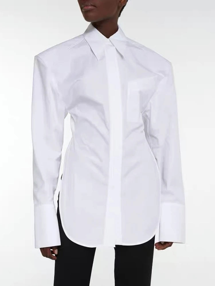 Sexy Backless White Blouse for Women - Lapel Long Sleeve Bandage Top | Minimalist High Street Fashion | Perfect for Night Out, Date Night & Party Wear