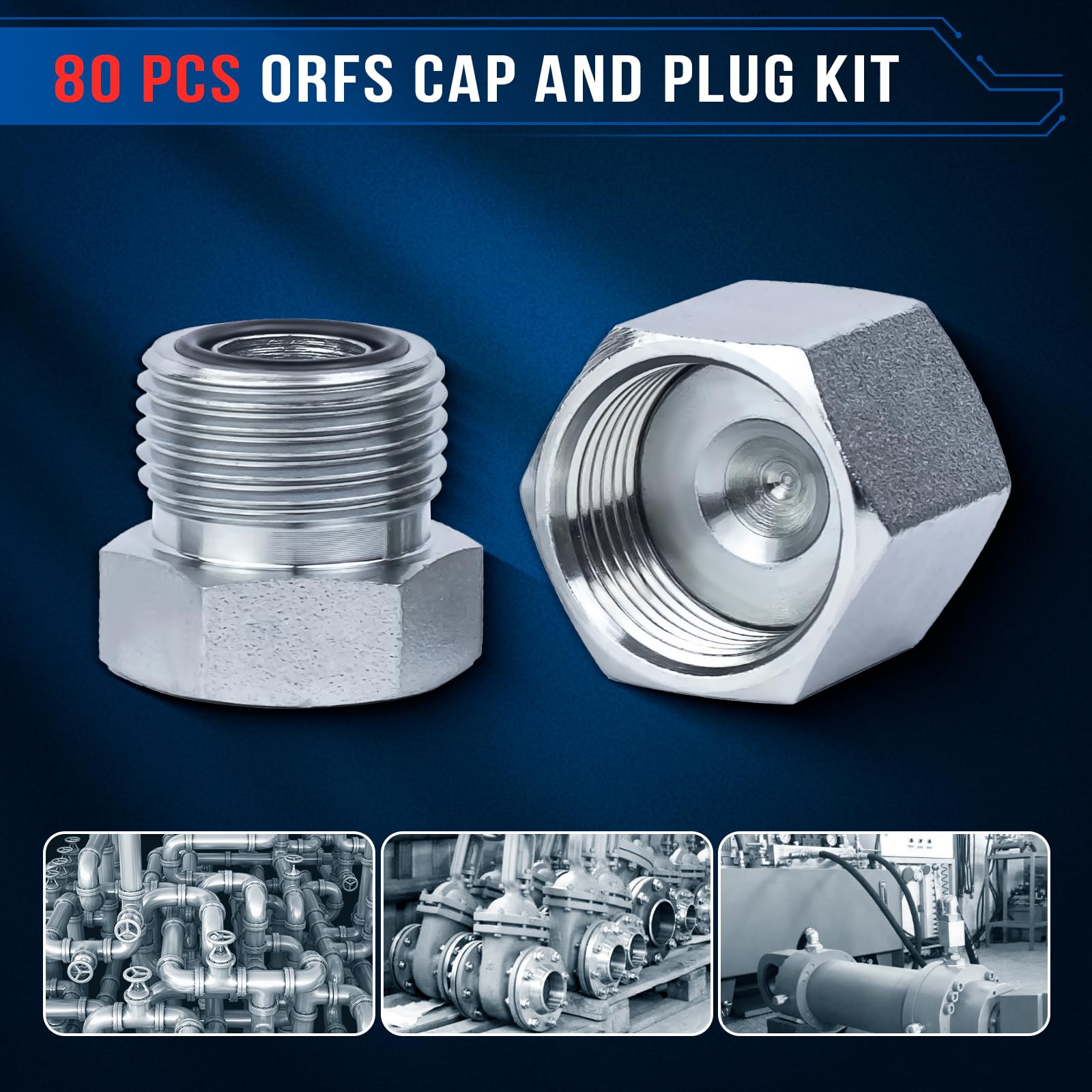 GOMJET 80 PC ORFS Master Industrial Hydraulic Cap and Plug Kit - Precision Threading for Hose, Tube & Pipe Fittings (ORFS & 37° Dash Sizes 4,6,8,10,12,16) - Ideal for Hydraulic System Maintenance, Fluid Line Protection, and Industrial Equipment Repair