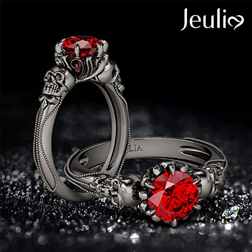 Jeulia 2.5 Carat Black Gothic Wedding Ring for Women - 925 Sterling Silver Skull Eternity Band with Round Cut Diamond & Ruby - Romantic Anniversary Jewelry Gift for Her - Perfect for Gothic Weddings, Halloween, and Alternative Fashion Lovers