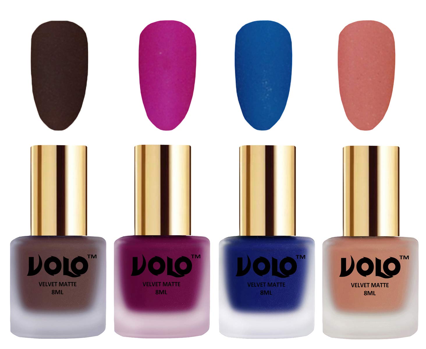 Volo Velvet Matte Nail Polish Set - 4 Pack (Chocolate Brown, Magenta, Blue, Light Peach) 32ml Each | Long-Lasting & Non-Toxic | Perfect for Parties, Weddings & Everyday Wear