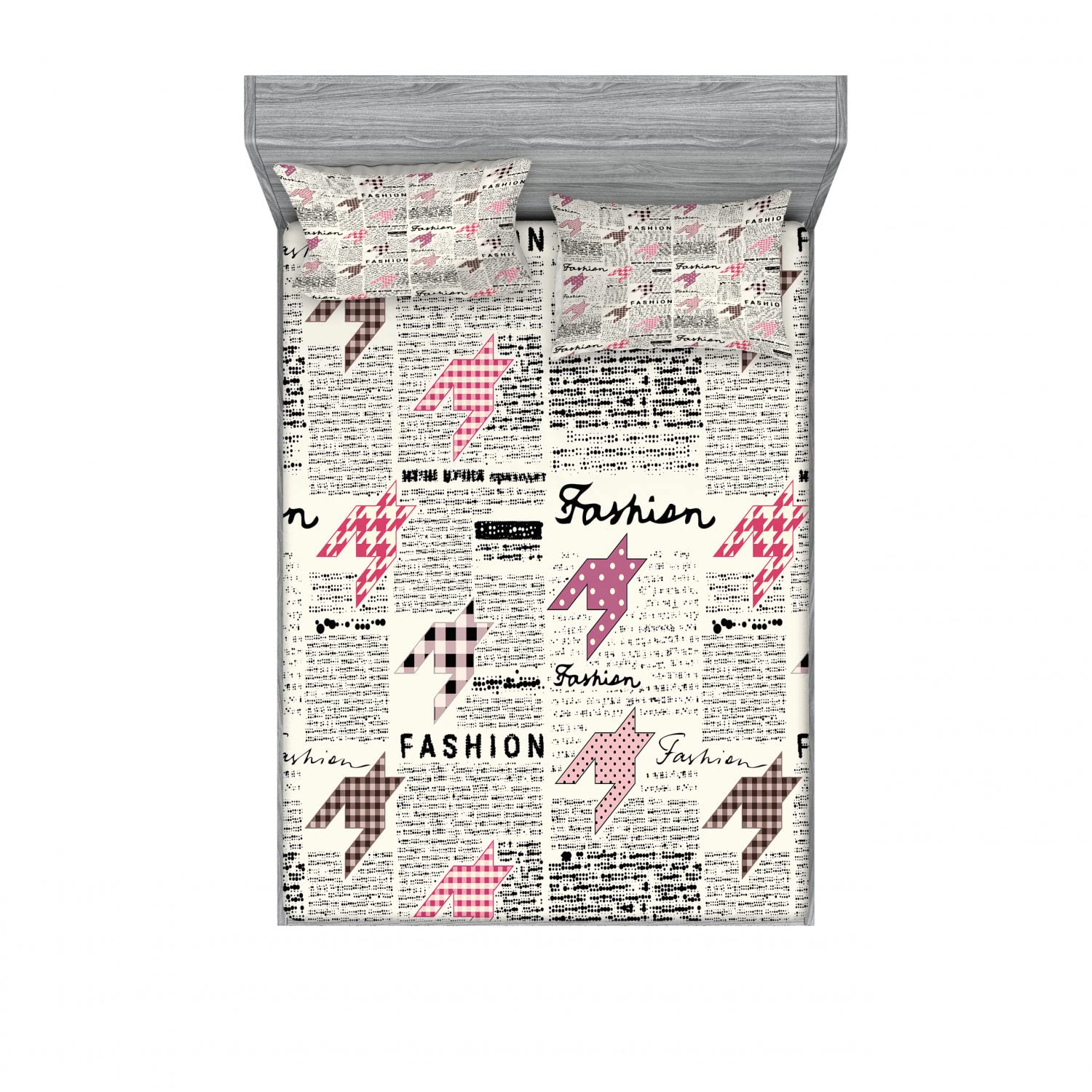 Ambesonne Vintage Fashion Magazine Print 2-Pack Queen Size Fitted Sheet Set with 4 Pillow Shams - Black White Pink Retro Bedding Collection for Cozy Bedroom Decor | Perfect for Guest Rooms, Dorm Essentials & Themed Bedroom Designs