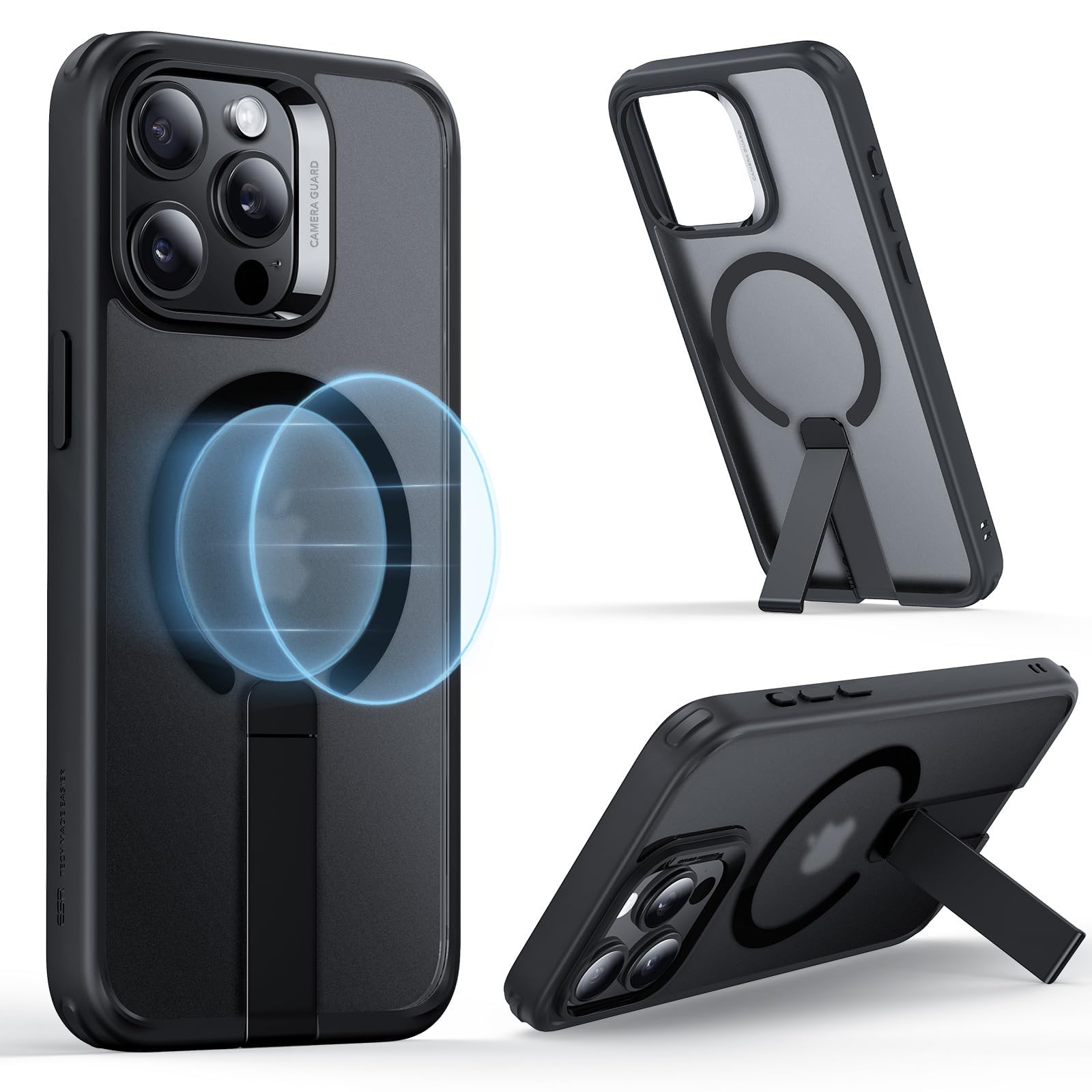 ESR Boost Series iPhone 15 Pro Max Case with MagSafe Compatibility - Military-Grade Drop Protection, Slim Frosted Black Back Cover & Patented Adjustable Kickstand | Perfect for Work, Travel, and Everyday Protection