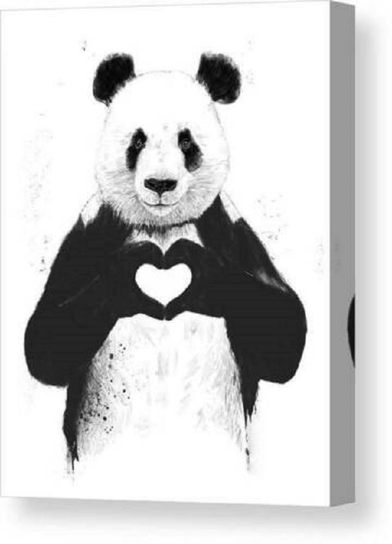 Cute Panda with Heart Black & White Canvas Wall Art - 60x90cm (24x35in) Framed Poster for Home Decor - Perfect for Bathroom, Bedroom, Living Room, Bar & Stairway Walls - Heartwarming Animal Artwork for Nursery, Kids Room & Cozy Spaces
