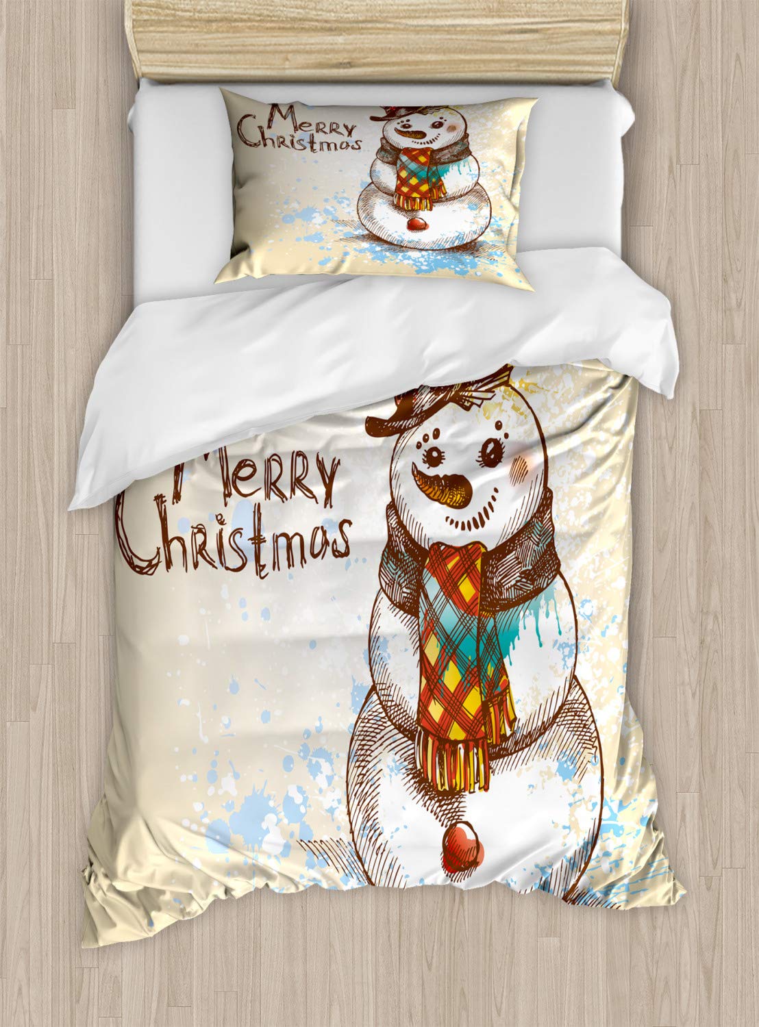 Ambesonne Snowman Duvet Cover Set - Winter Christmas Bedding with 2 Duvet Covers & 4 Pillowcases, Cal King Size (2 Pack) in Cream Brown Blue - Cozy Holiday Home Decor for Bedroom & Guest Room