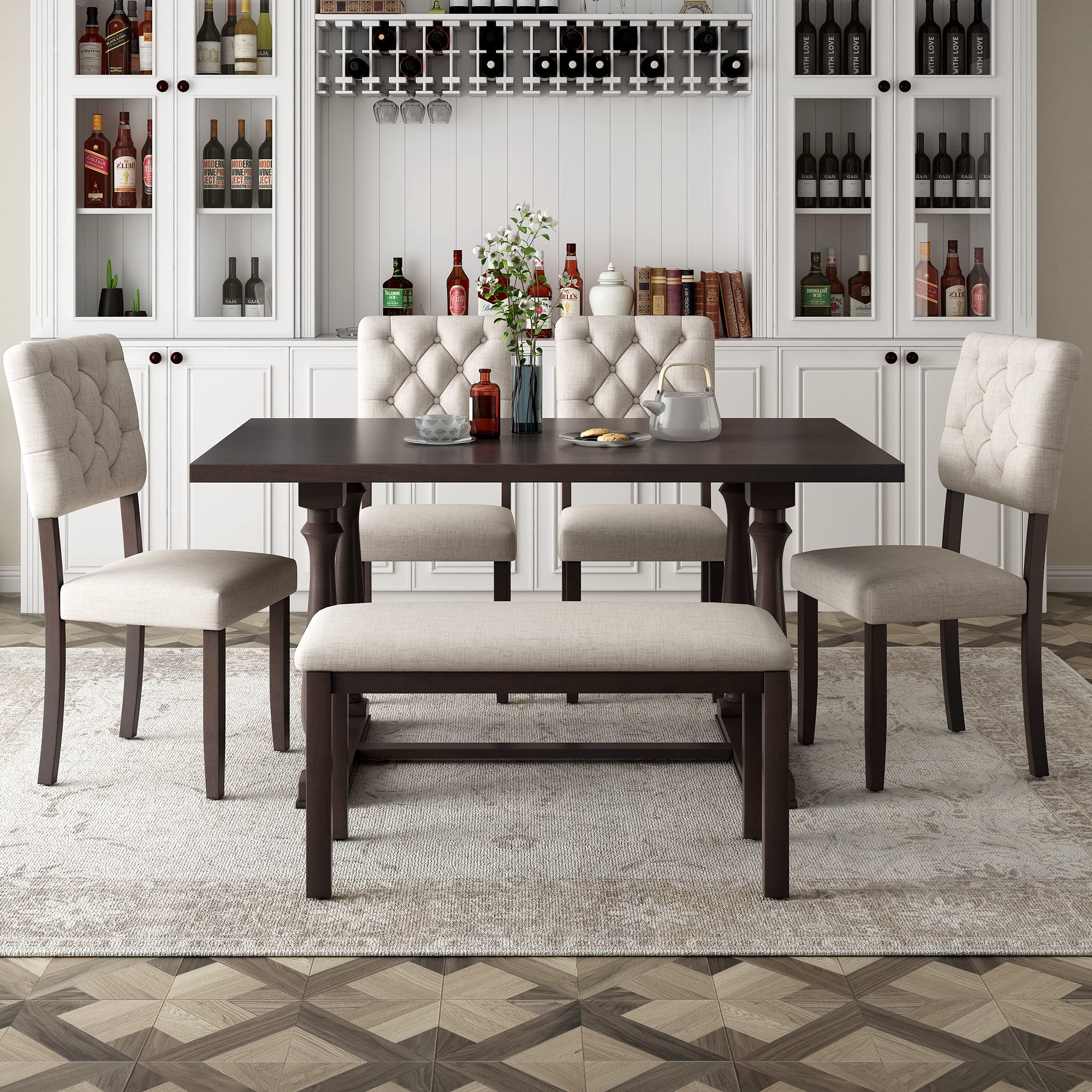 6-Piece Modern Dining Set with Unique Leg Design, Foam Cushioned Seats & Backrests, Espresso Finish - Perfect for Home Dining Rooms & Compact Spaces
