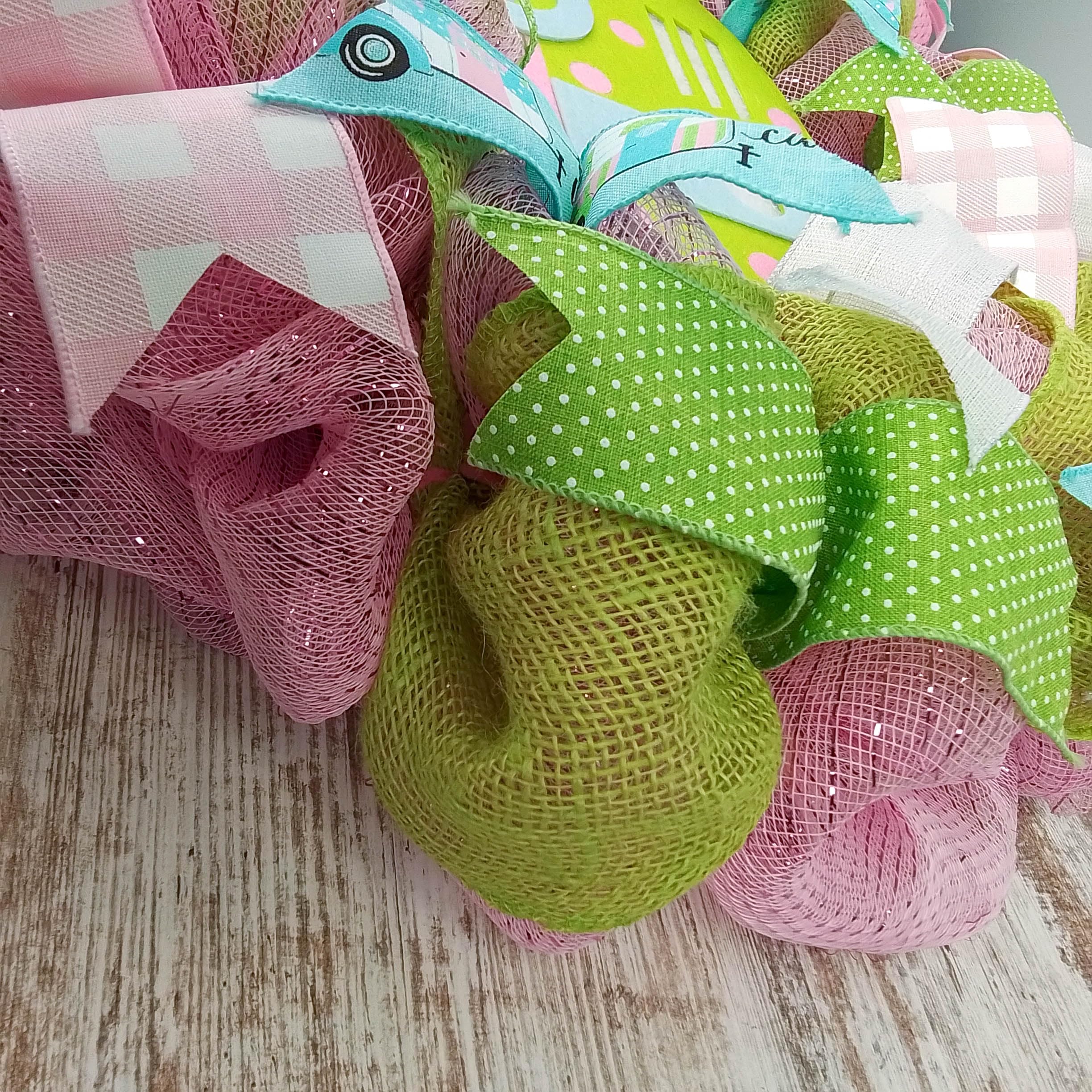 Camping Wreath - Decorative Mesh Wreath for Spring & Summer - Pink, Turquoise & Lime Green - Perfect for RV, Cabin & Outdoor Welcome Decor