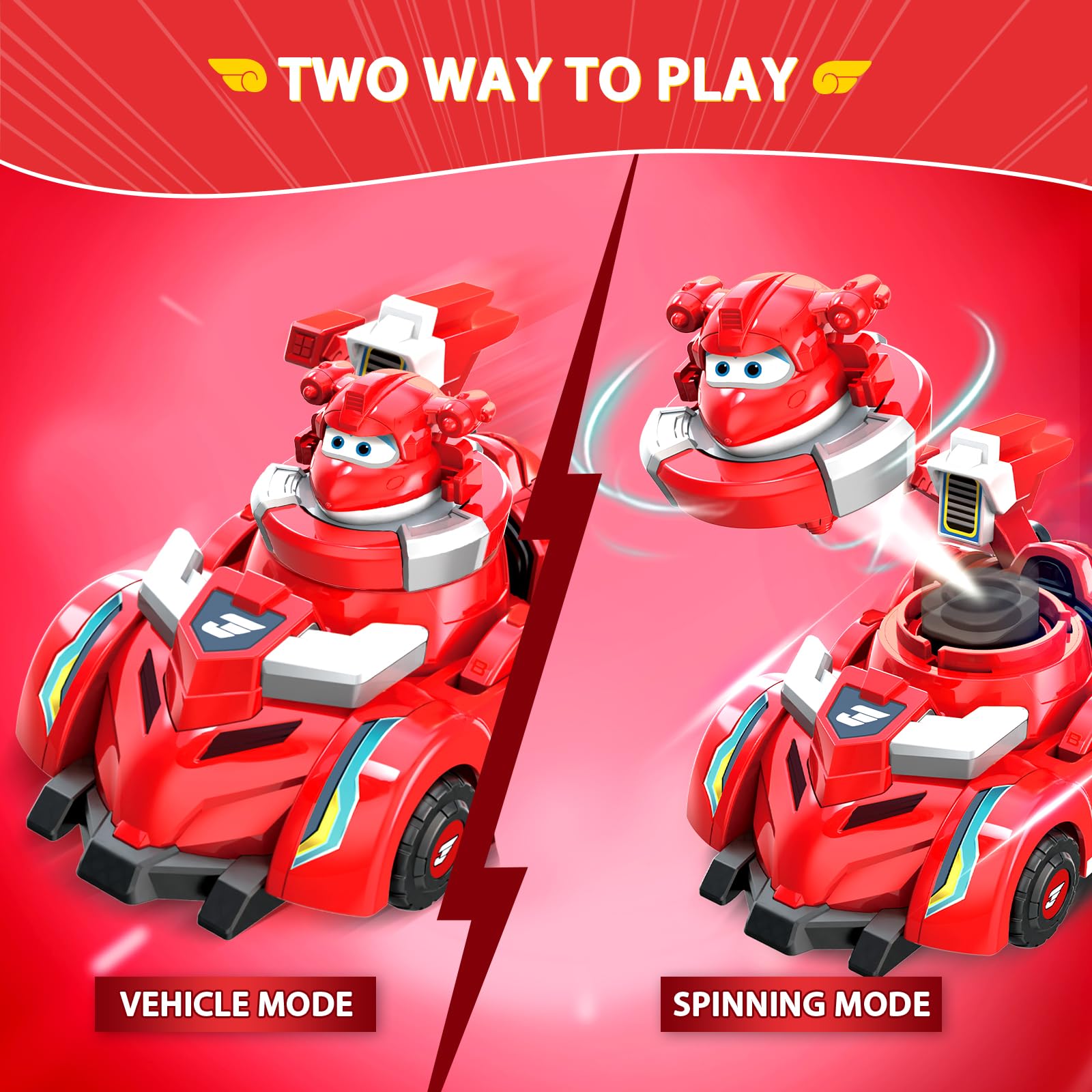 Super Wings Jett Spinning Top & Race Car Toy Set - 2-in-1 Transformable Vehicle Playset for Kids Ages 3-8 | STEM Learning Toy for Boys & Girls | Birthday Gift & Outdoor Play Fun