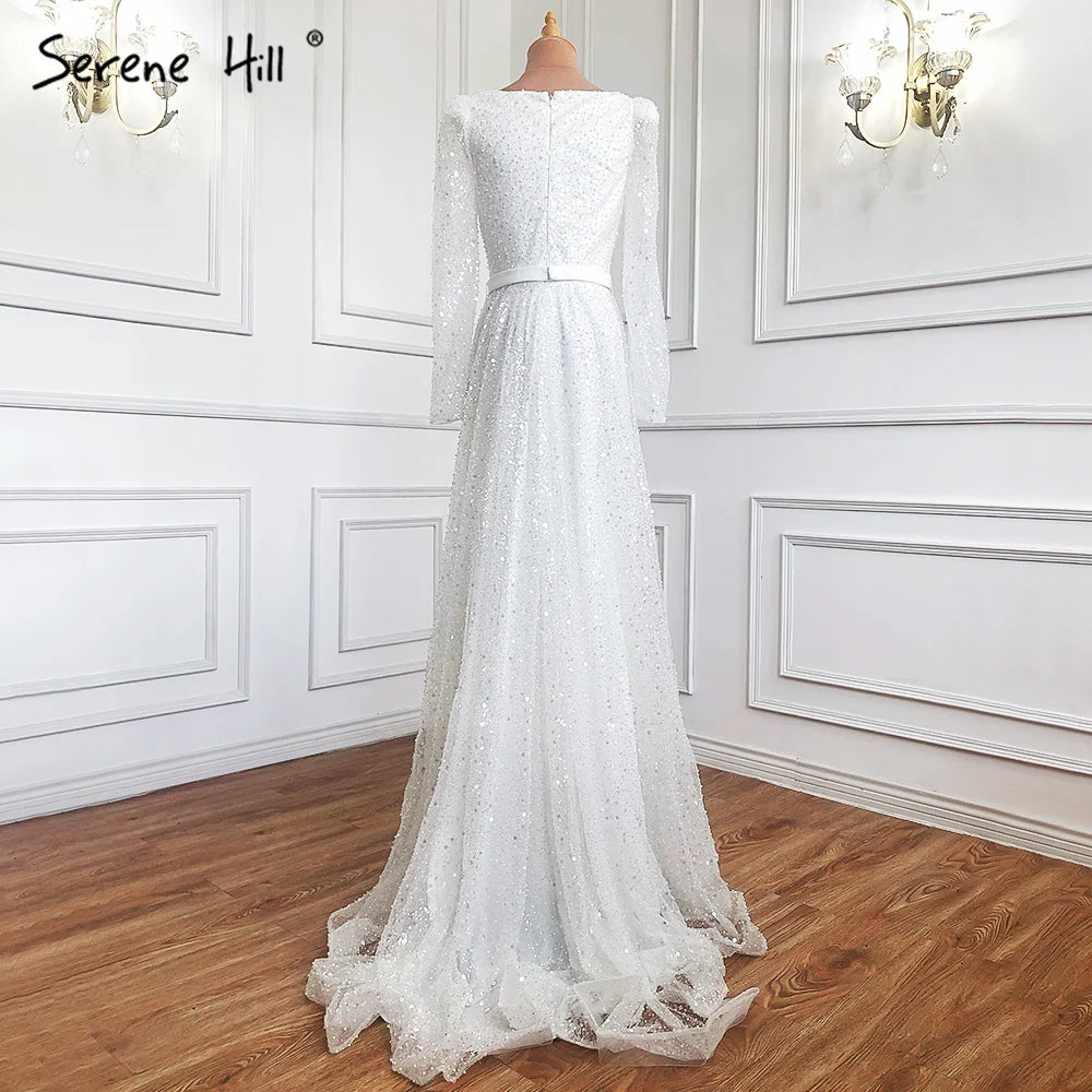 Elegant Dubai Arabic Green A-Line Luxury Evening Gown with Beaded Long Sleeves for Women - Perfect for Weddings, Galas & Formal Parties 2025 LA70271 | Serene Hill Collection