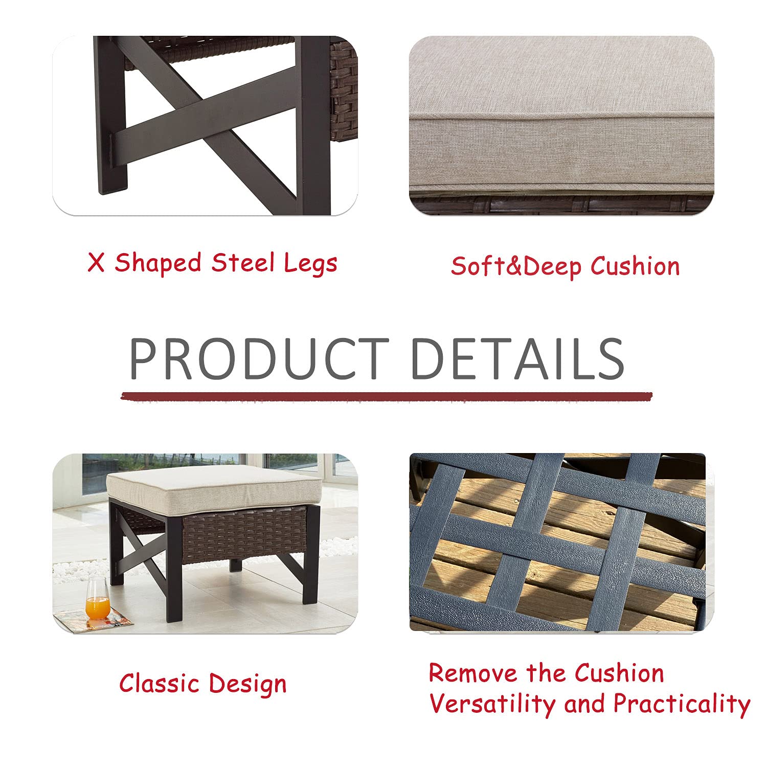 LOKATSE HOME Outdoor Wicker Ottoman with Cushion - All Weather Rattan Patio Furniture, Steel X-Leg Footrest & Coffee Table (Brown) - Perfect for Garden, Balcony, and Poolside Relaxation