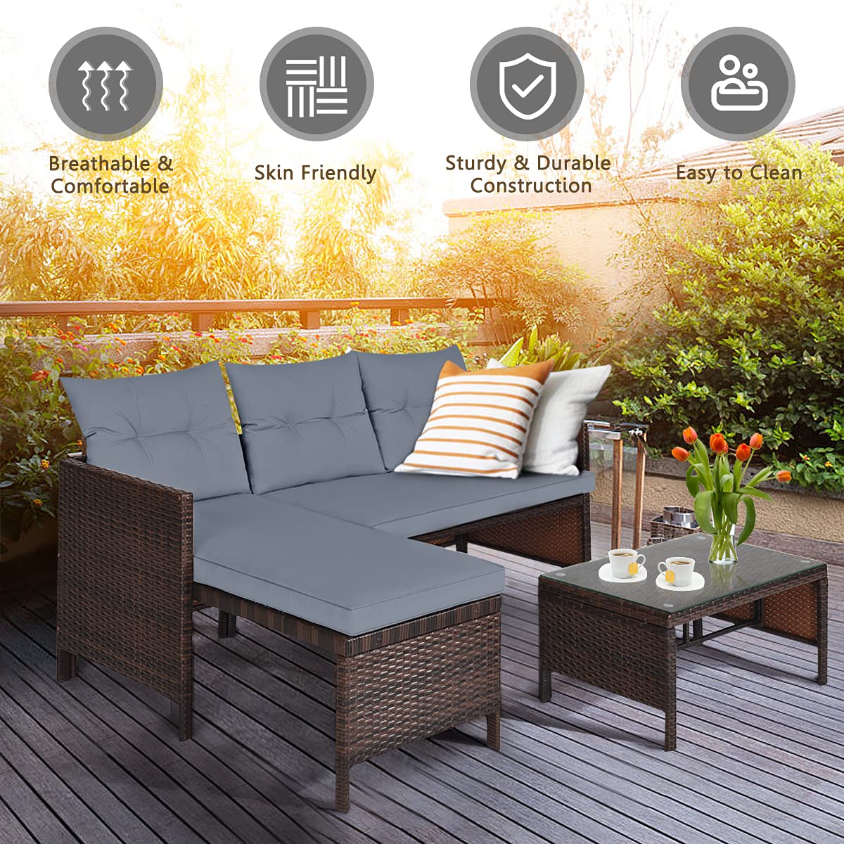 All-Weather Moccha Patio Furniture Set - 6-Piece Sectional Sofa with Lounge Chaise, Loveseat & Coffee Table - Durable Rattan Wicker Outdoor Couch with Washable Cushions - Perfect for Garden, Backyard, Poolside or Balcony (Grey)