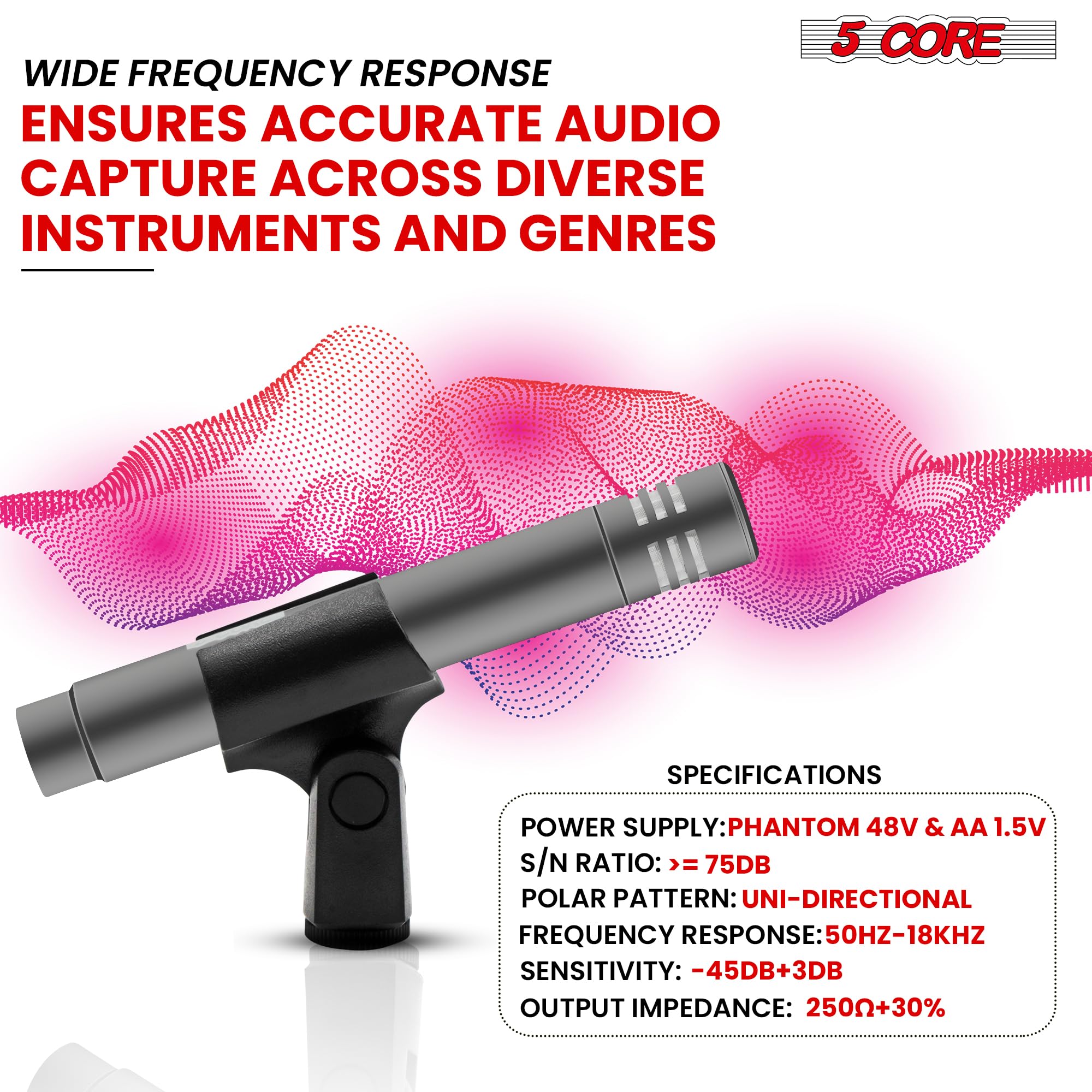 5 CORE Professional Condenser Microphone - Cardioid Unidirectional Pencil Mic for Studio Recording, Podcasting & Live Streaming (Includes Windscreen, Mic Clip & Case) - INSTRU MIC 300 Grey