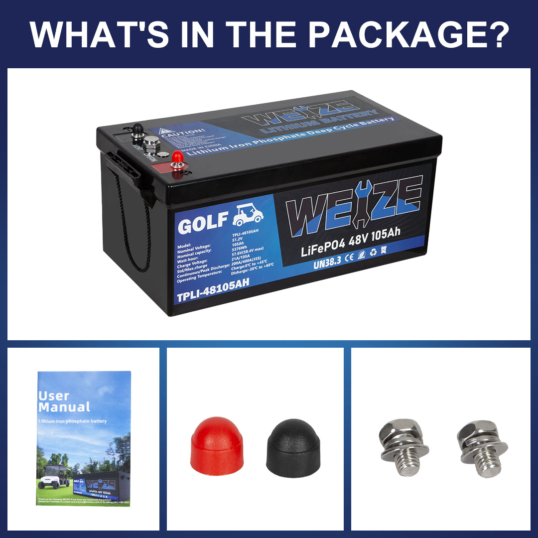 WEIZE 51.2V 105AH LiFePO4 Deep Cycle Golf Cart Battery with Bluetooth - 5376Wh Lithium Iron Phosphate Battery for Golf Carts, RVs, Marine & Solar Power Systems - Long Lasting & High Performance