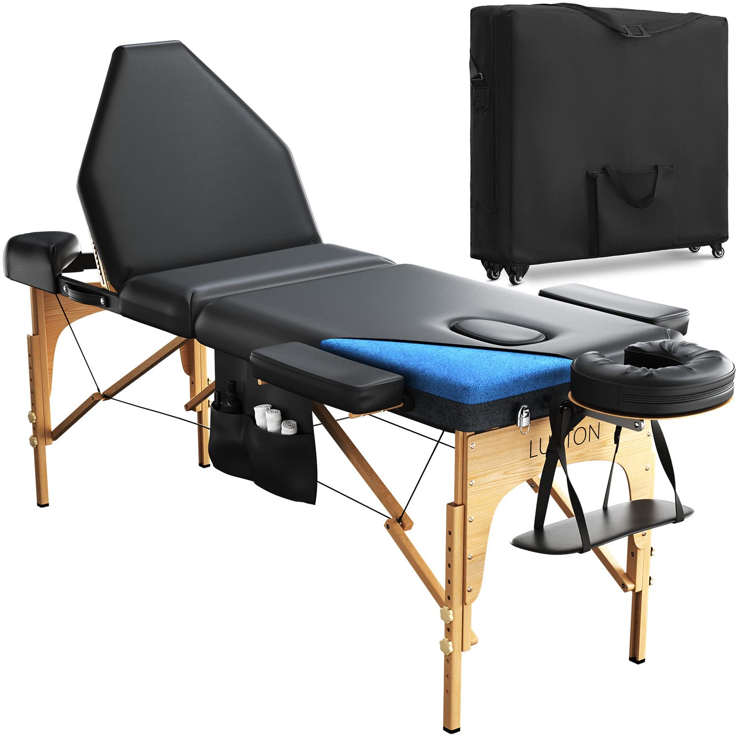 Luxton Home 3-Section Premium Memory Foam Massage Table with Rolling Travel Case - Portable Professional Massage Bed for Therapists, Easy Setup & Storage (Black) - Perfect for Spa, Clinic, Home Use & Traveling Therapists