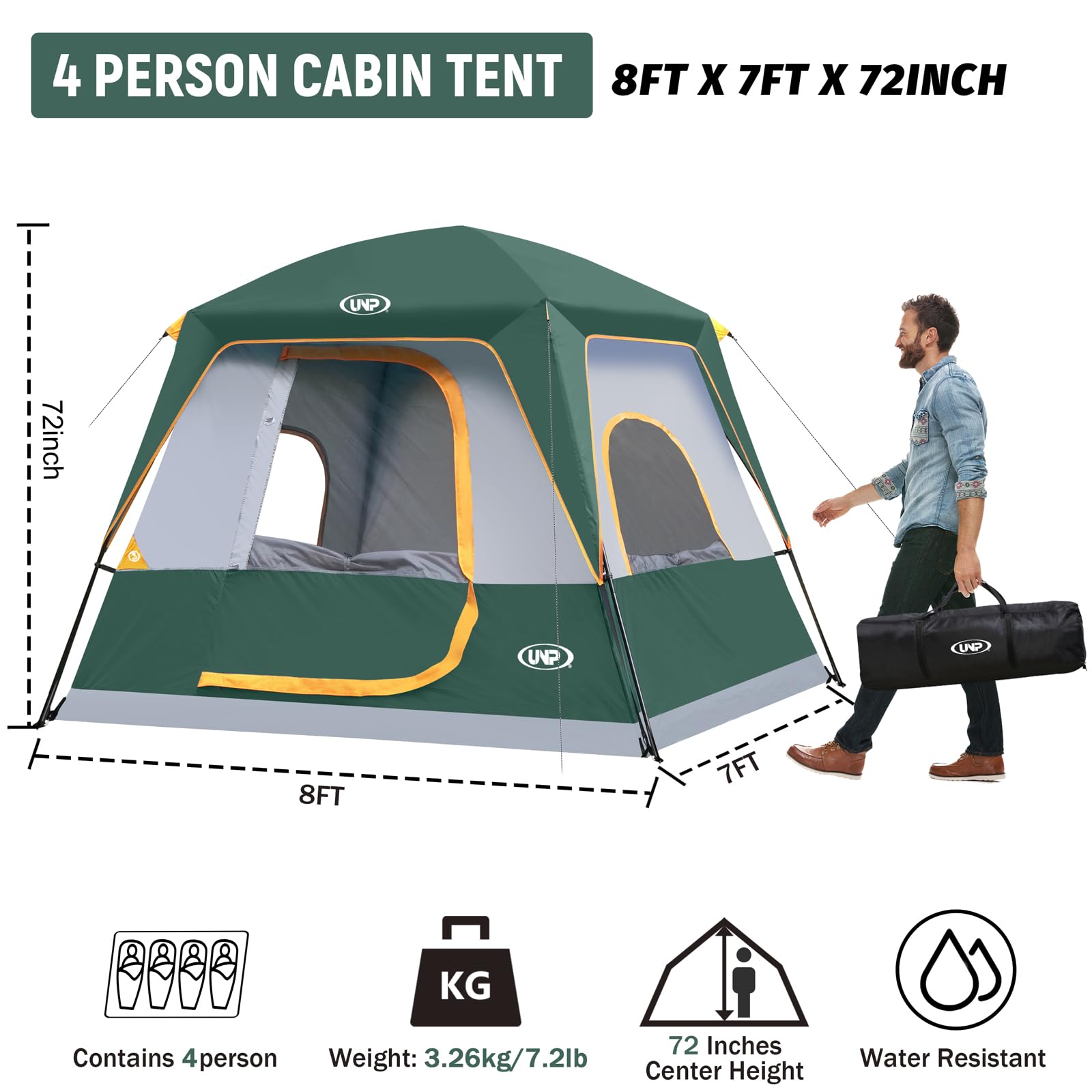 UNP 4-Person Camping Tent - Waterproof Cabin Tent with Rainfly for Easy Setup | Perfect for Family Camping, Hiking & Outdoor Adventures