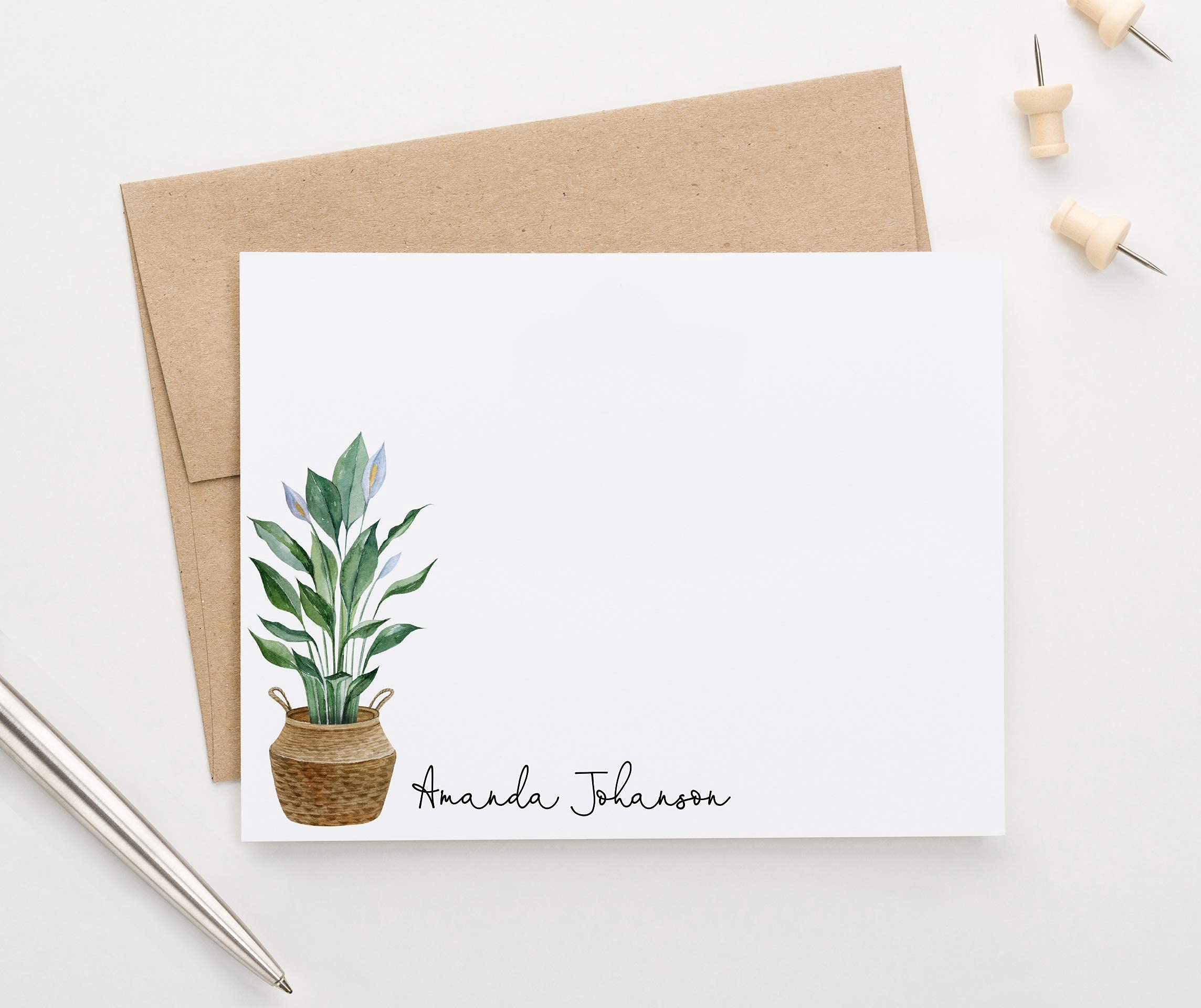 Personalized Greenery Stationery Set for Women - 20 Flat Note Cards & Envelopes - Plant-Themed Writing Paper - Custom Colors & Quantities - Perfect for Thank You Notes, Wedding Invitations & Gift Cards