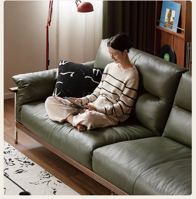 Premium Black Walnut Solid Wood Italian Leather Sofa - Modern Luxury Living Room Furniture for Home & Office Comfort