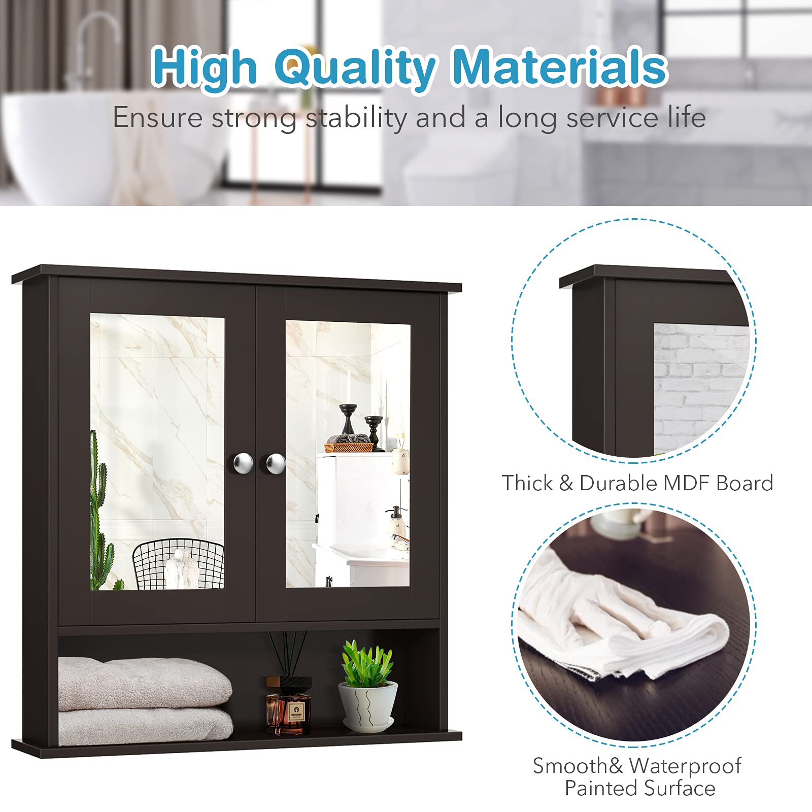 Giantex Espresso Wooden Bathroom Wall Cabinet with 2 Mirror Doors & Adjustable Shelf - Hanging Medicine Storage Organizer for Bathroom, Bedroom or Entryway - Wall Mounted Mirror Cabinet for Toiletries & Essentials