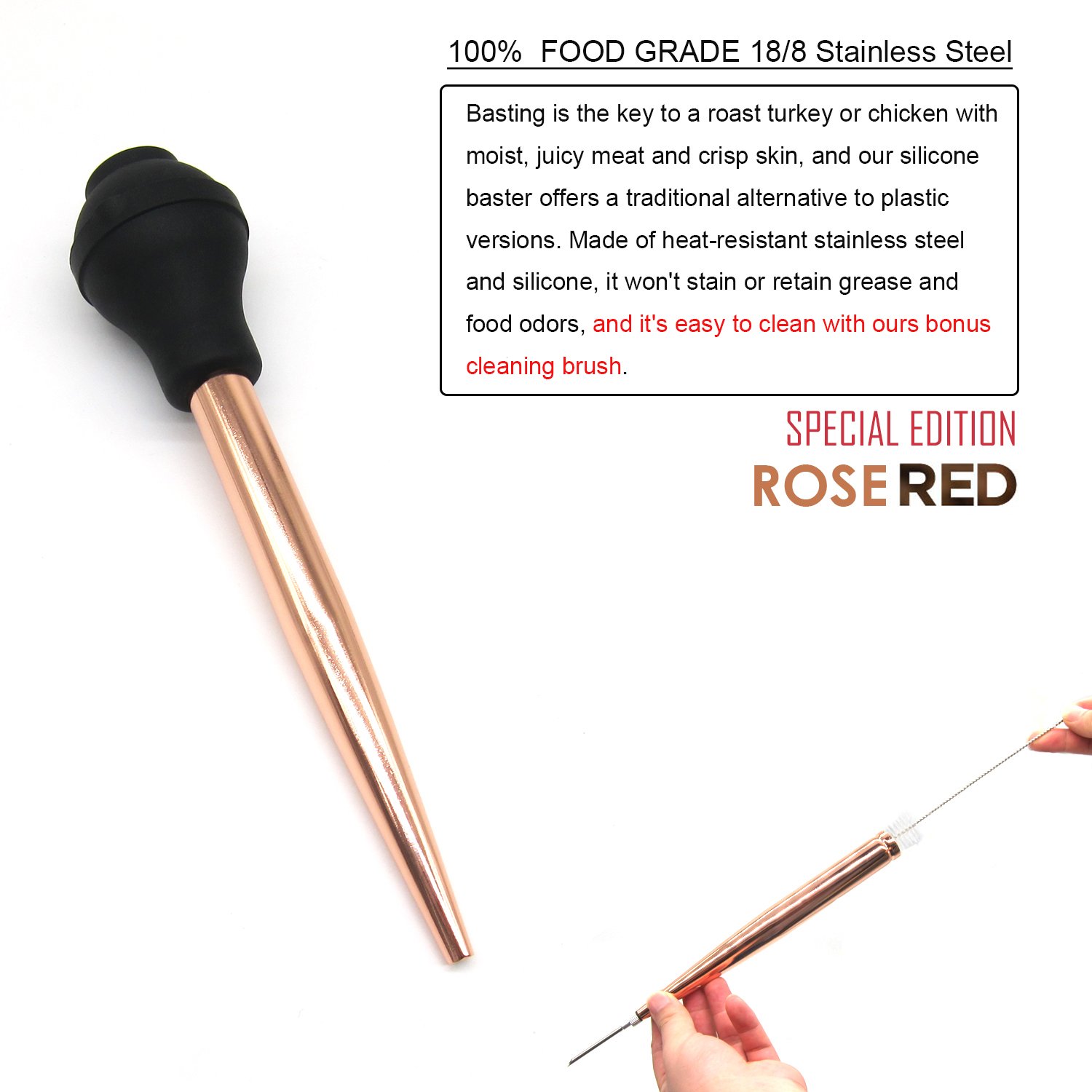 Premium Stainless Steel Turkey Baster with Silicone Bulb - FDA Approved Commercial Grade Kitchen Utensil Set Includes Marinade Injector & Cleaning Brush (Rose Gold) - Perfect for Thanksgiving, Roasting, Grilling & Basting Meats