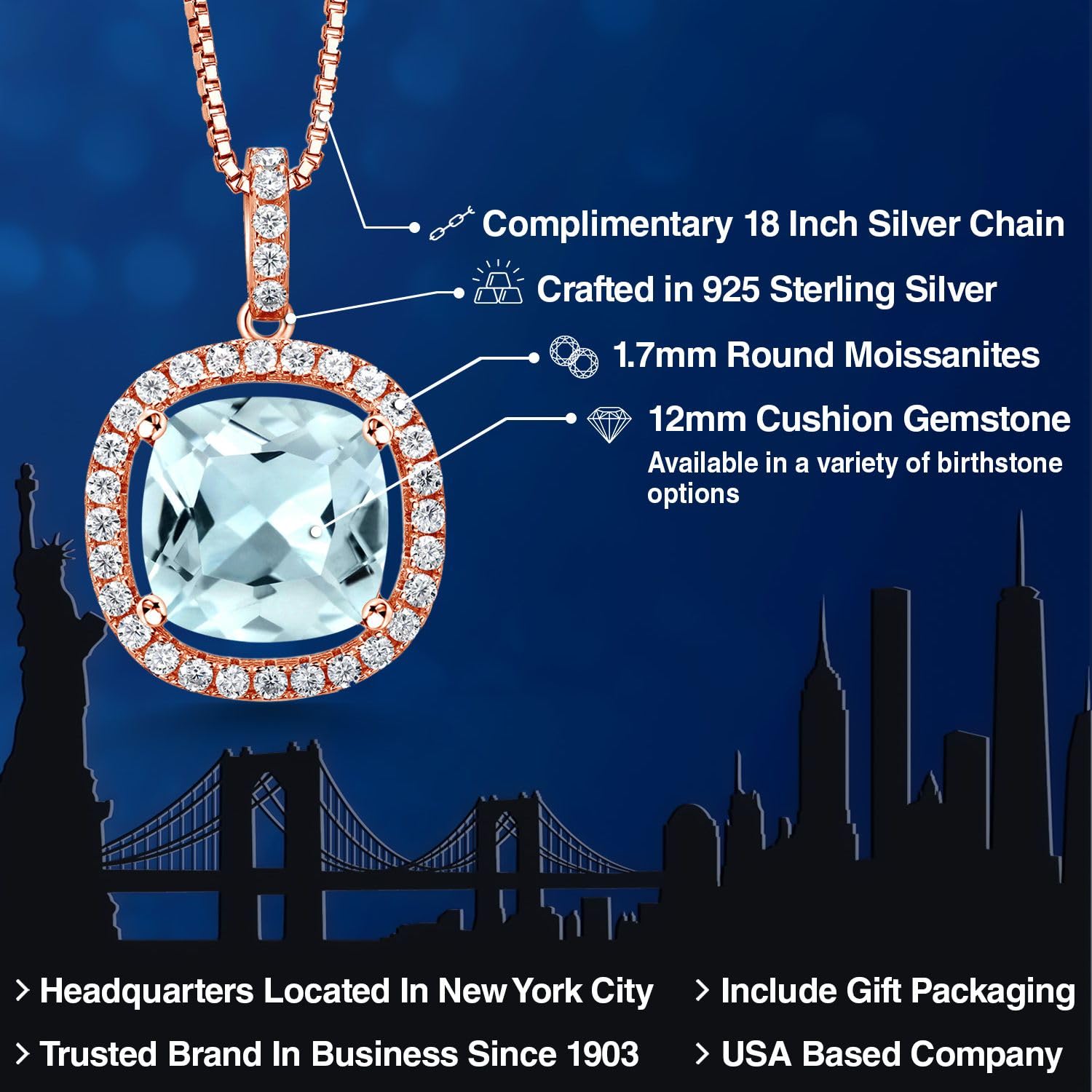 18K Rose Gold Plated Silver 12MM Cushion Birthstone & White Moissanite Halo Pendant Necklace for Women | 18 Inch Silver Chain | Elegant Gift for Birthday, Anniversary & Special Occasions