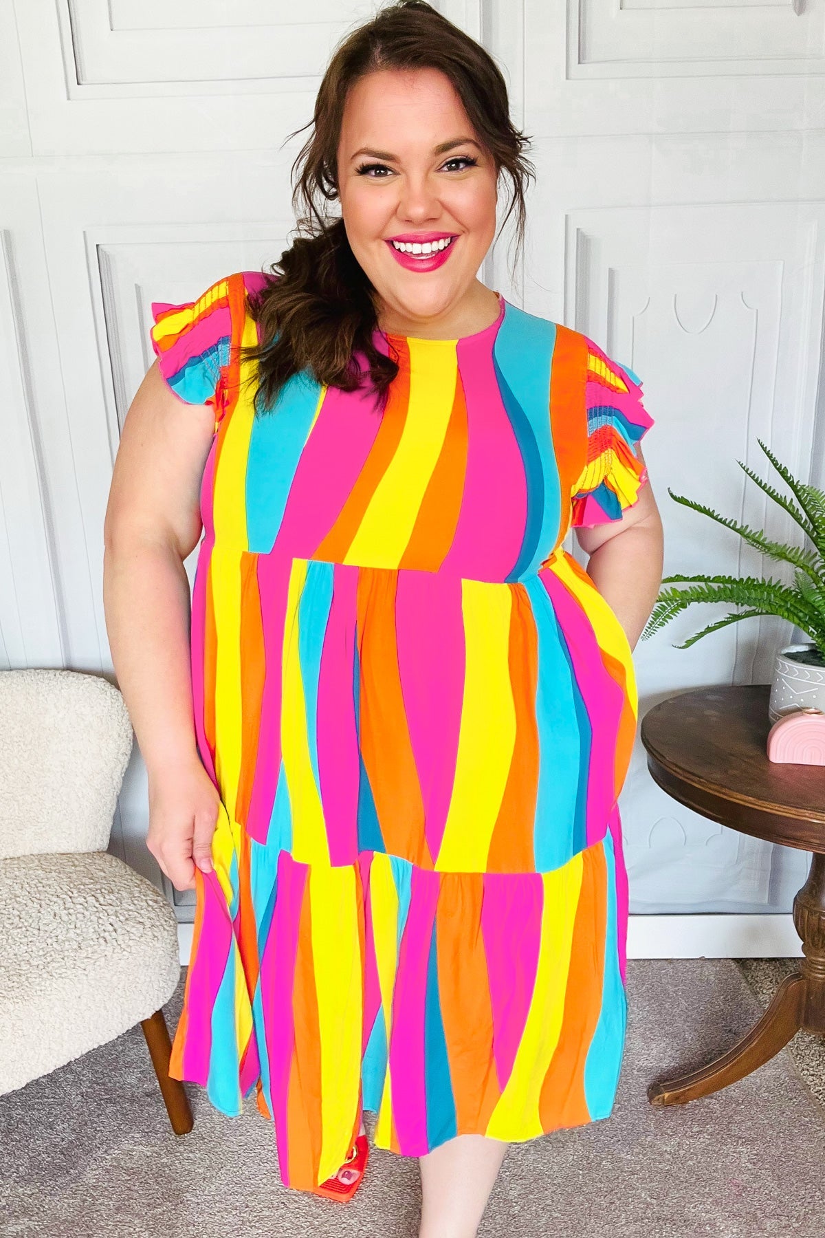 Eyes On You Multicolor Abstract Print Smocked Ruffle Sleeve Dress for Women | Flowy Summer Dress for Beach, Party & Date Night