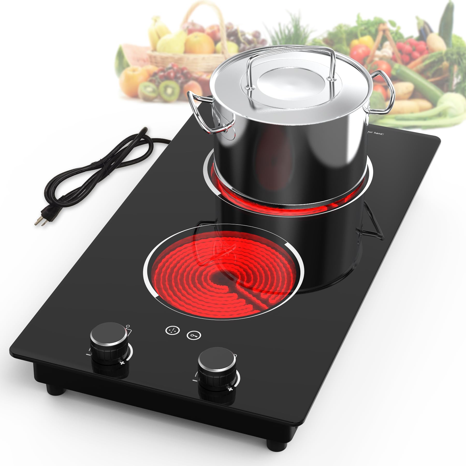 110V 2100W Electric Induction Cooktop with Knob Control - 10 Power Levels, Child Safety Lock, Timer & Overheat Protection - Built-in Radiant Double Burner for Fast Cooking - Perfect for Apartments, Dorms & Small Kitchens