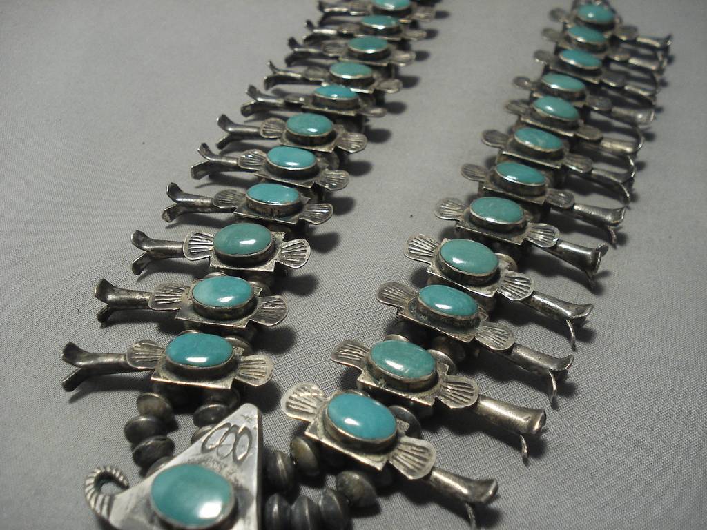 Vintage 1940s Navajo Native American Squash Blossom Necklace - Sterling Silver with Royston Turquoise | Southwest Jewelry for Women, Boho Fashion Accessory, Wedding & Special Occasion Gift