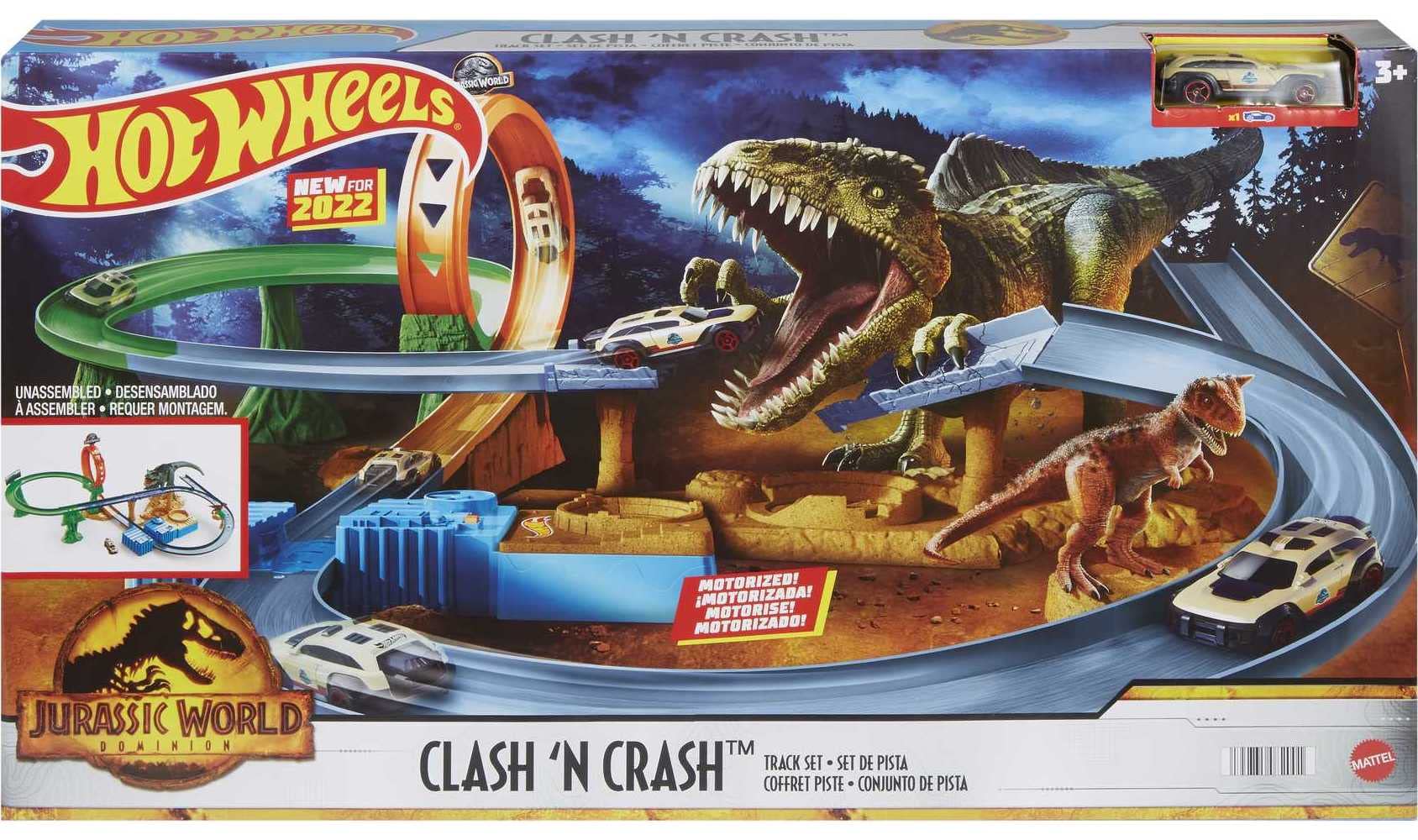 Hot Wheels Jurassic World Dominion Toy Cars & Track Set - Motorized Clash 'n Crash Playset with T-Rex Dinosaur, Booster & 1:64 Scale Die-Cast Car for Kids - Dinosaur Battle Racing Game for Birthday Gifts & Indoor Play