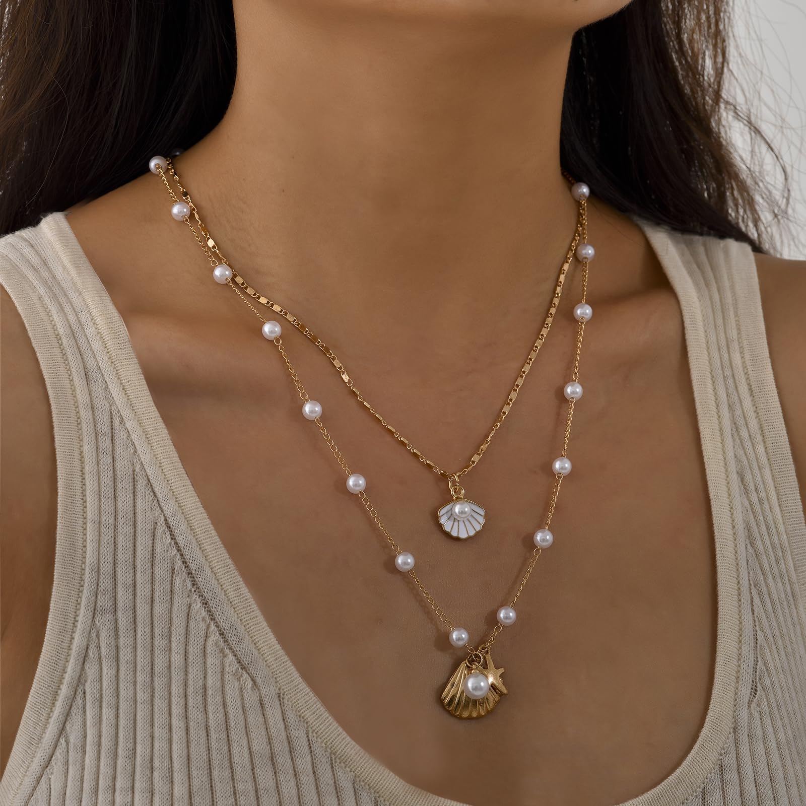 Bohemian Layered Shell Necklace for Women - Pearl, Starfish & Seashell Pendant Choker - Beach Jewelry Gift for Summer Vacation, Bridal Shower, Bachelorette Party & Coastal Fashion Accessory