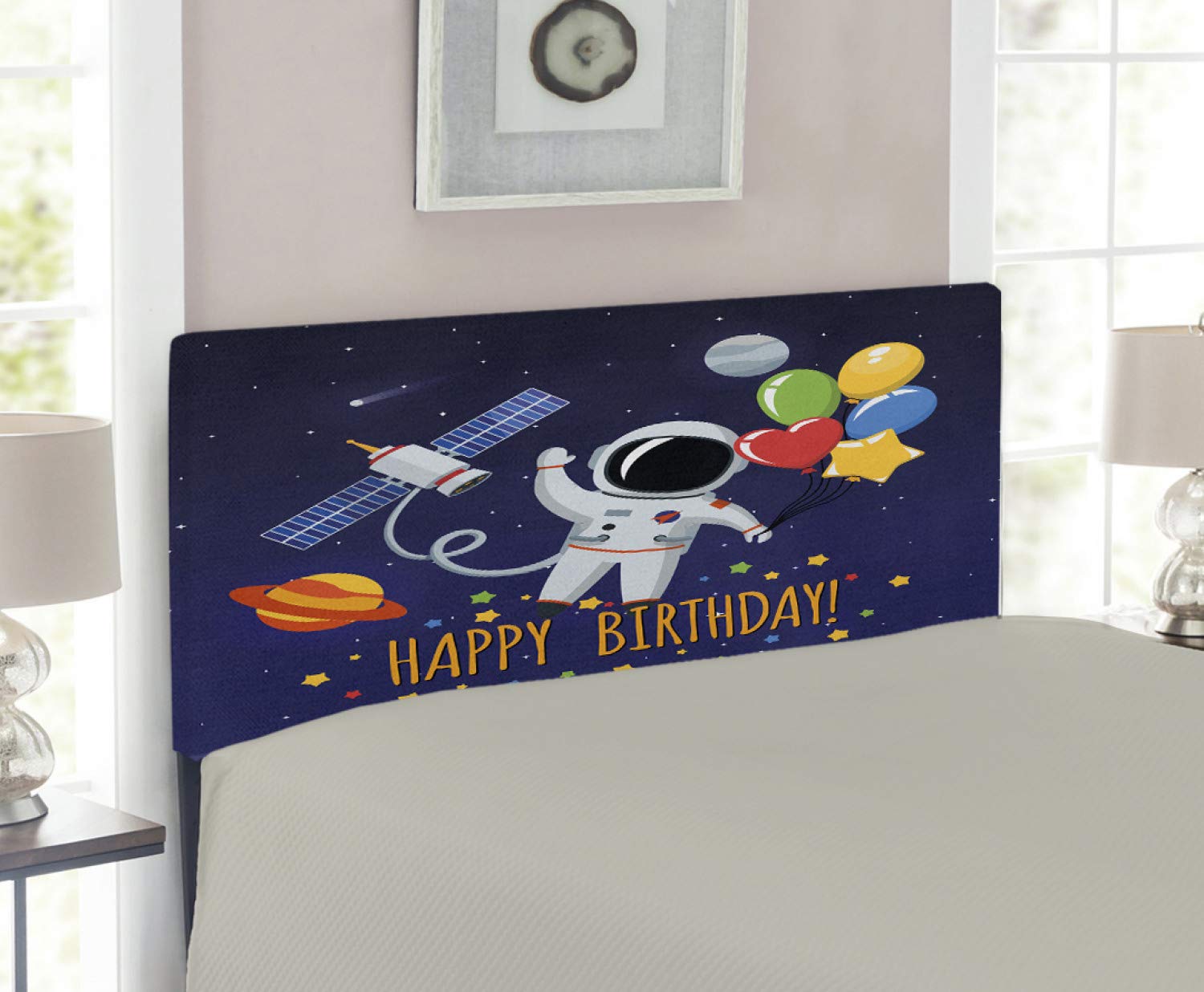 Ambesonne Twin Size Upholstered Metal Bed Headboard - Astronaut & Cosmos Birthday Theme with Memory Foam, Blue Background & Multicolor Balloons | Perfect for Kids' Room Decor & Space-Themed Bedroom