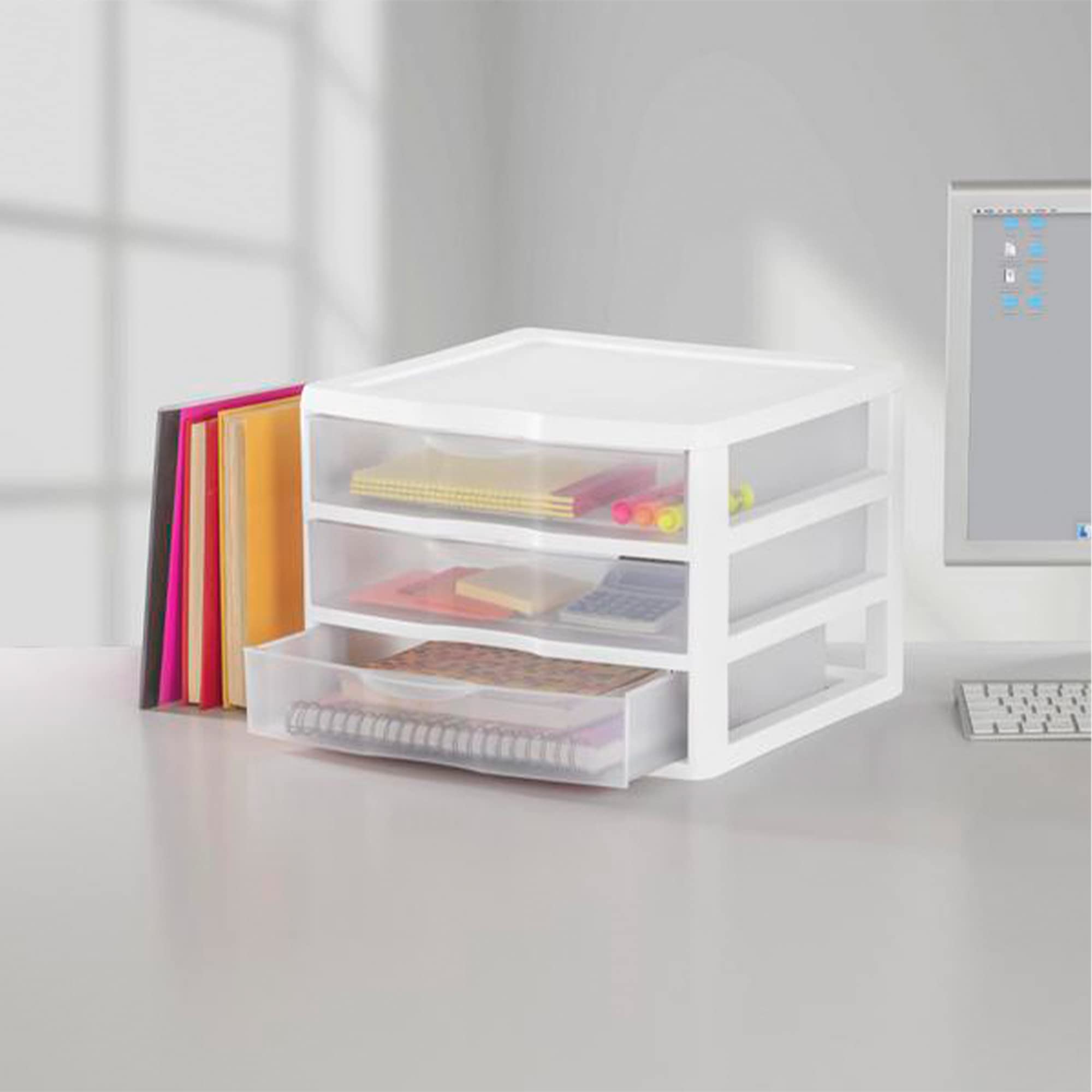 Sterilite 12-Pack 3 Drawer Desk Organizer for Office Supplies - White Plastic Storage Bins for Stationery, Pens & Small Items - Perfect for Home Office, School & Workspace Organization