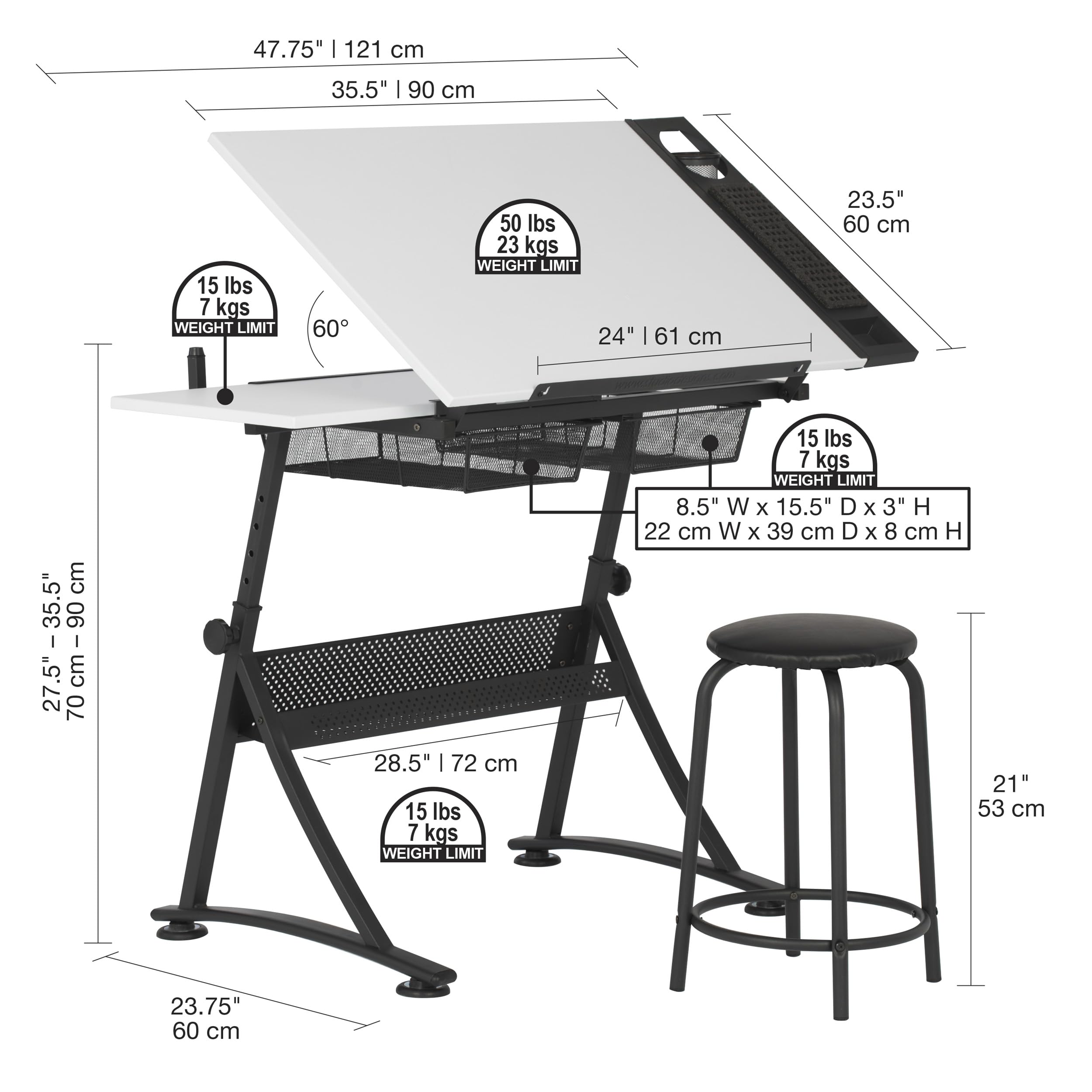Adjustable Height Drafting Table with Stool - Tiltable Desktop for Artists & Architects - Charcoal & White Finish - Perfect for Home Studios, Office Workspaces & Creative Projects