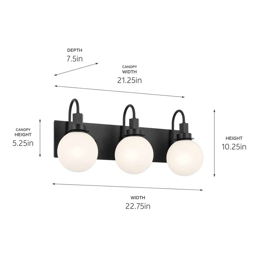 Kichler Hex 3-Light Modern Vanity Light Fixture - Black with Opal Glass, Up/Down Mount, Damp Rated for Bathroom (22.75
