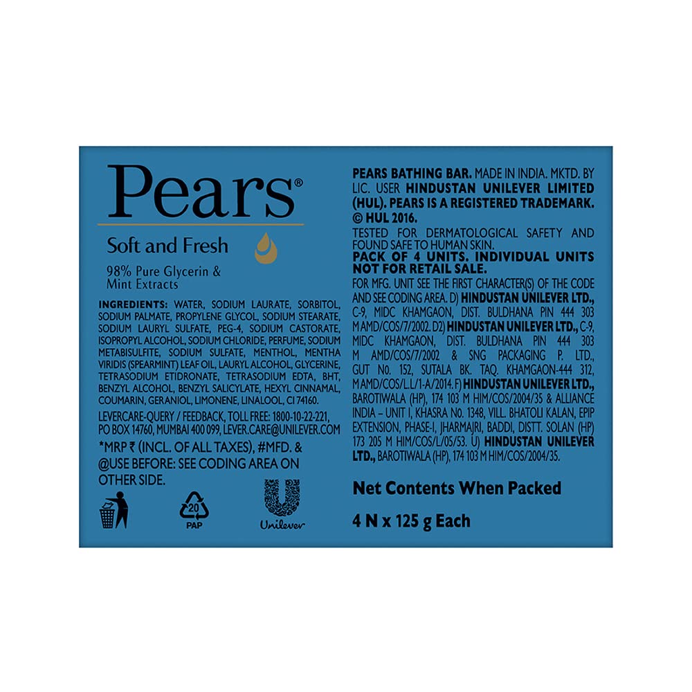 Pears Soft & Fresh Glycerin Mint Soap Bar (8-Pack) - Paraben-Free Moisturizing Body Soap for Smooth Skin - Ideal for Men & Women - Perfect for Daily Bath, Shower & Gift Sets