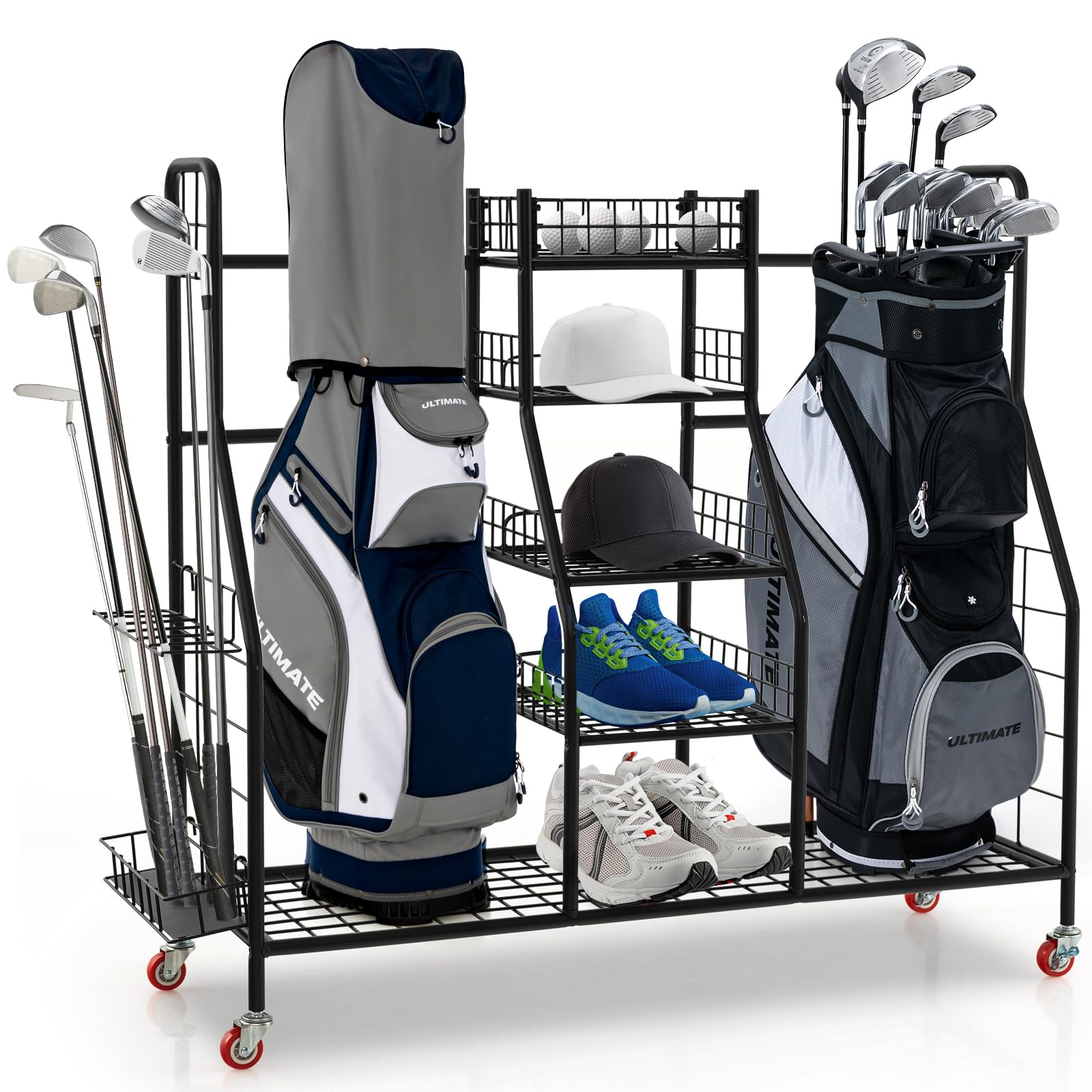 Tangkula Heavy Duty Metal Double Golf Bag Storage Rack with Removable Club Stand, Shelves & Lockable Wheels - Extra Large Golf Equipment Organizer for Garage, Basement or Clubhouse - Perfect for Storing Golf Bags, Clubs & Accessories