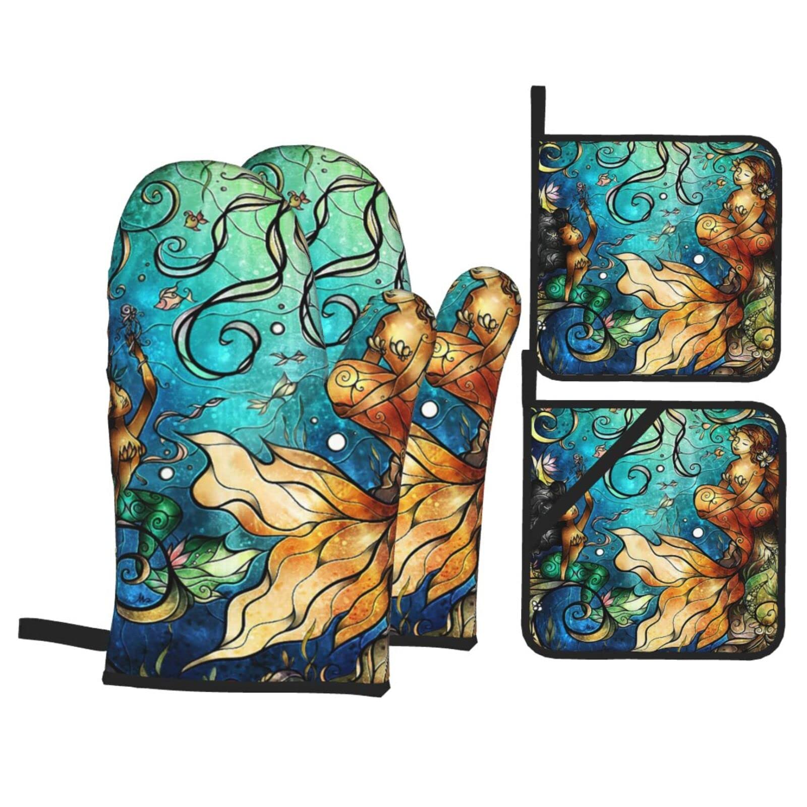 4-Piece Heat-Resistant Oven Glove and Pot Holder Set - Nautical Mermaid Ocean Theme with Sea Animals Design - Perfect for Cooking, Baking, Grilling & Kitchen Safety (Great Gift for Home Chefs)