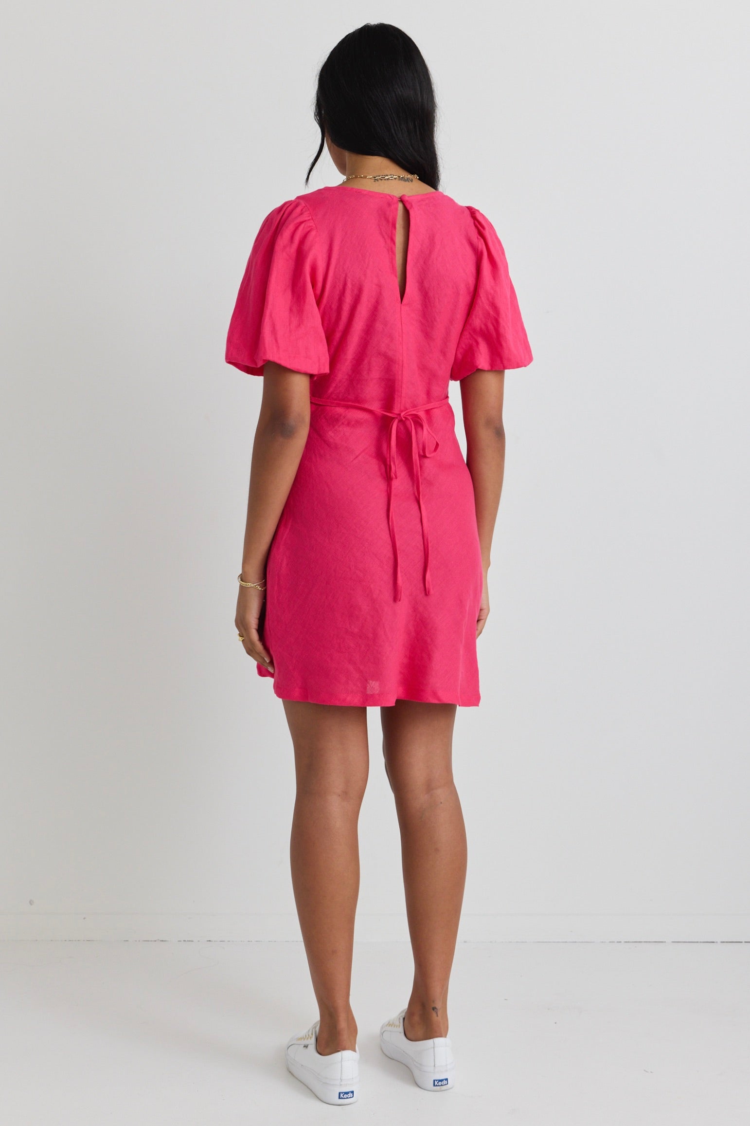 Amour Hot Pink Linen Bubble Sleeve Mini Dress - Summer Casual Party Dress for Women, Perfect for Beach Vacation, Date Night & Cocktail Parties