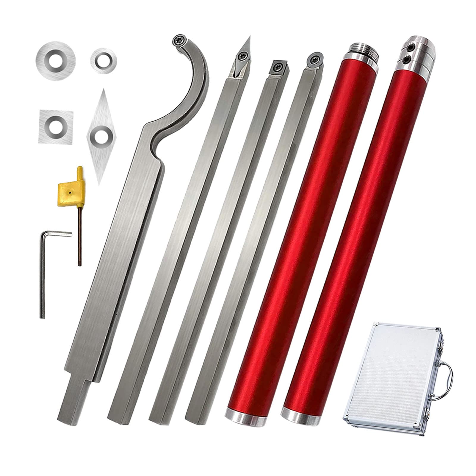 Premium Carbide Wood Lathe Turning Tools Set - Round, Square & Diamond Inserts with Interchangeable Aluminum Alloy Handle (Red) - Perfect for Woodturning, DIY Projects & Professional Woodworking