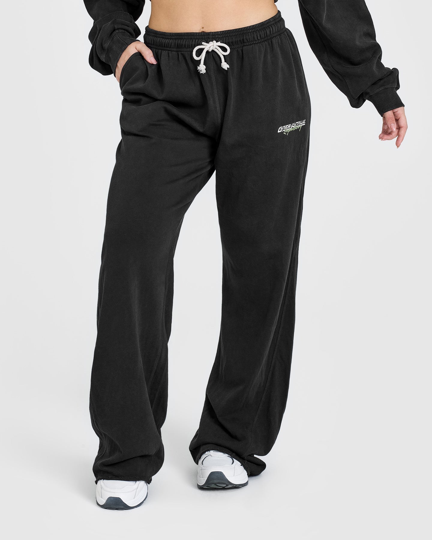 Raw Lounge Wide Leg Joggers with Graphic Print | Washed Black | Women's Casual Pants for Yoga, Travel & Loungewear